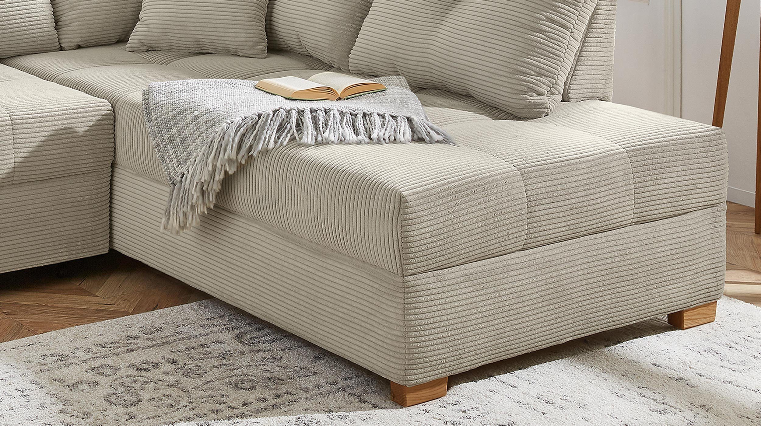 Massivart® Ecksofa HEIDELBERG / Bettkasten, Holzfüße grau-beige Bettfunktion, 228 cm, Cordsofa, in Cordbezug