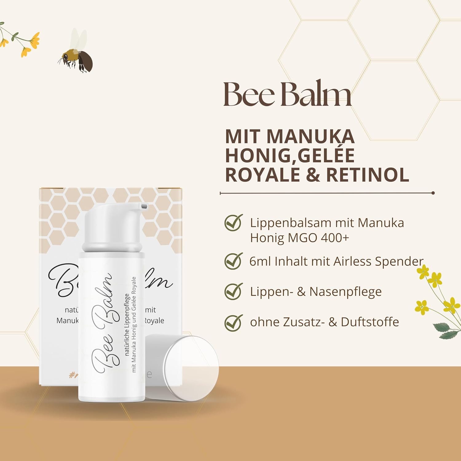 bedrop Lippenbalsam Bee Balm - natürliche Lippenpflege mit Manuka Honig & Gelée Royale, mit hochwertigem Gelée Royale & Retinol (Vitamin A & E)