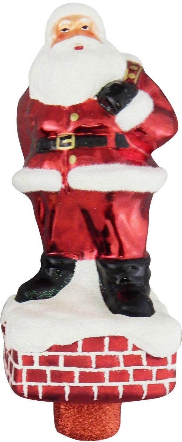 Krebs Glas Lauscha Christbaumspitze Santa auf Schornstein, Weihnachtsdeko rot, Christbaumschmuck, handdekoriert