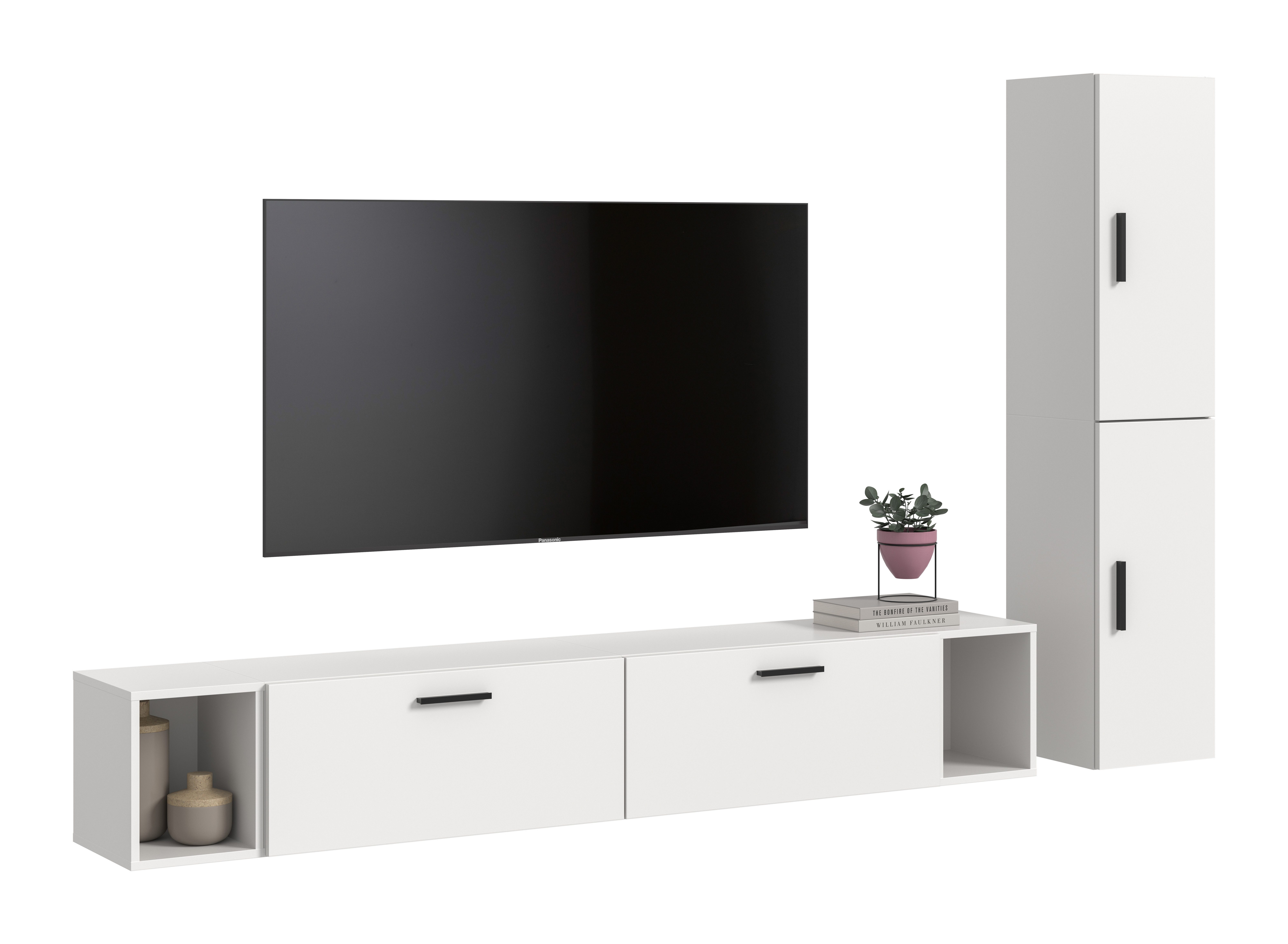furnling Wohnzimmer-Set Onea, (6-St., 2x Hängeschrank, 2x Lowboard, 2x Standschrank), 2 Klappen, 2 offene Fächer, 2 Türen, Breite 259 cm, weiß