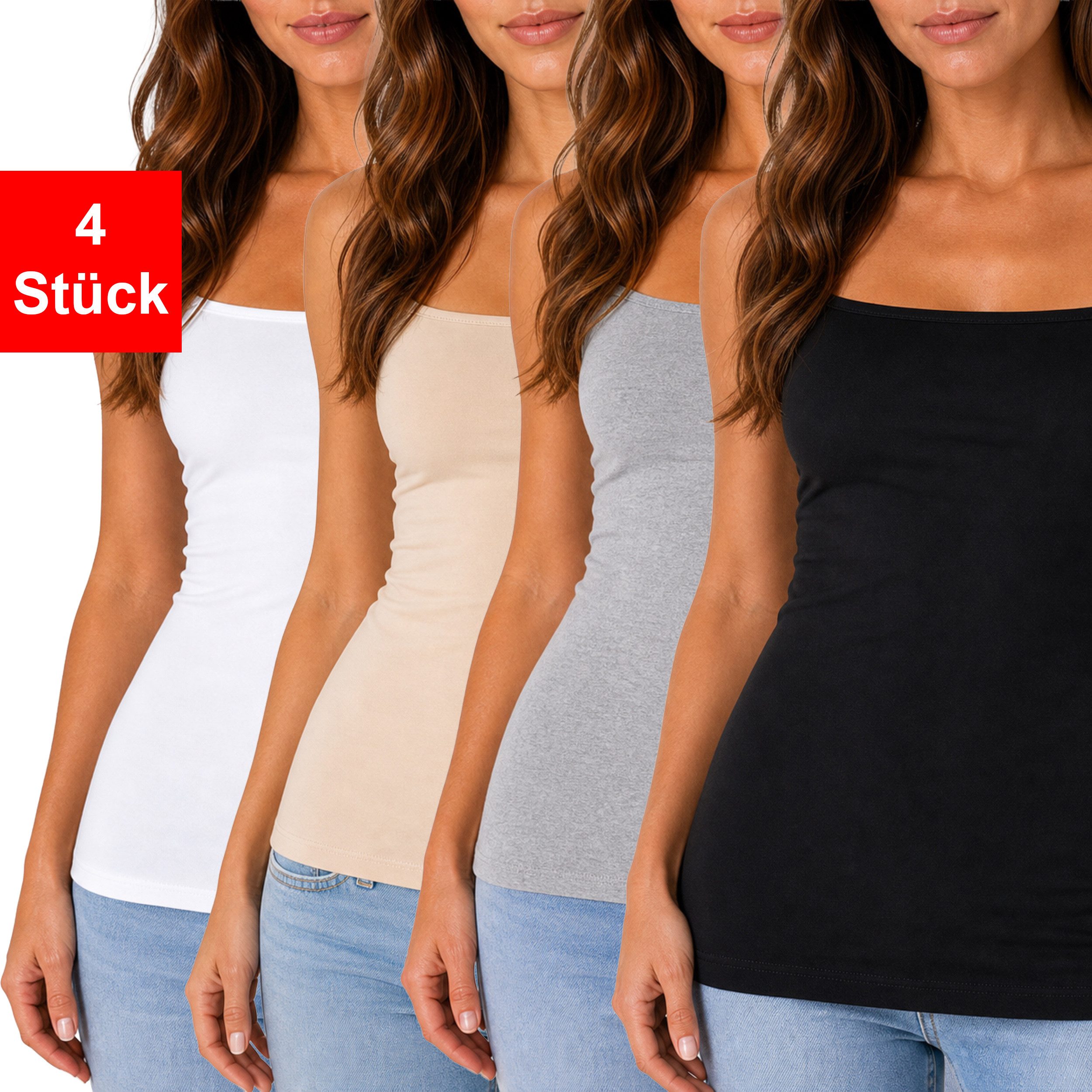 Fashionschmiede Spaghettitop 4er Pack Damen UNTERHEMD Tanktop Top (Spar-Set, 4er-Pack) Schwarz - Weiß - Beige - Grau und Farbmix im 4er Pack