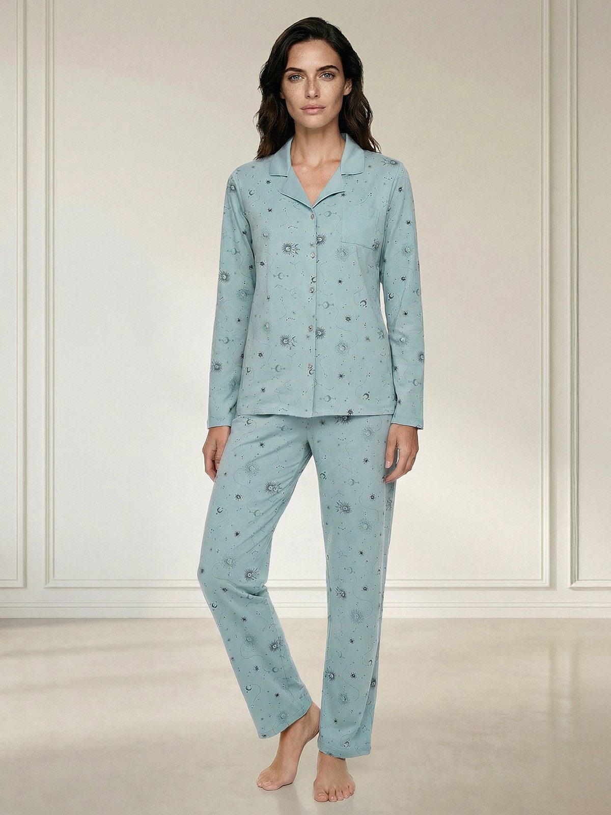 zeitlos Pyjama Mond und Sterne langarm Schlafanzug