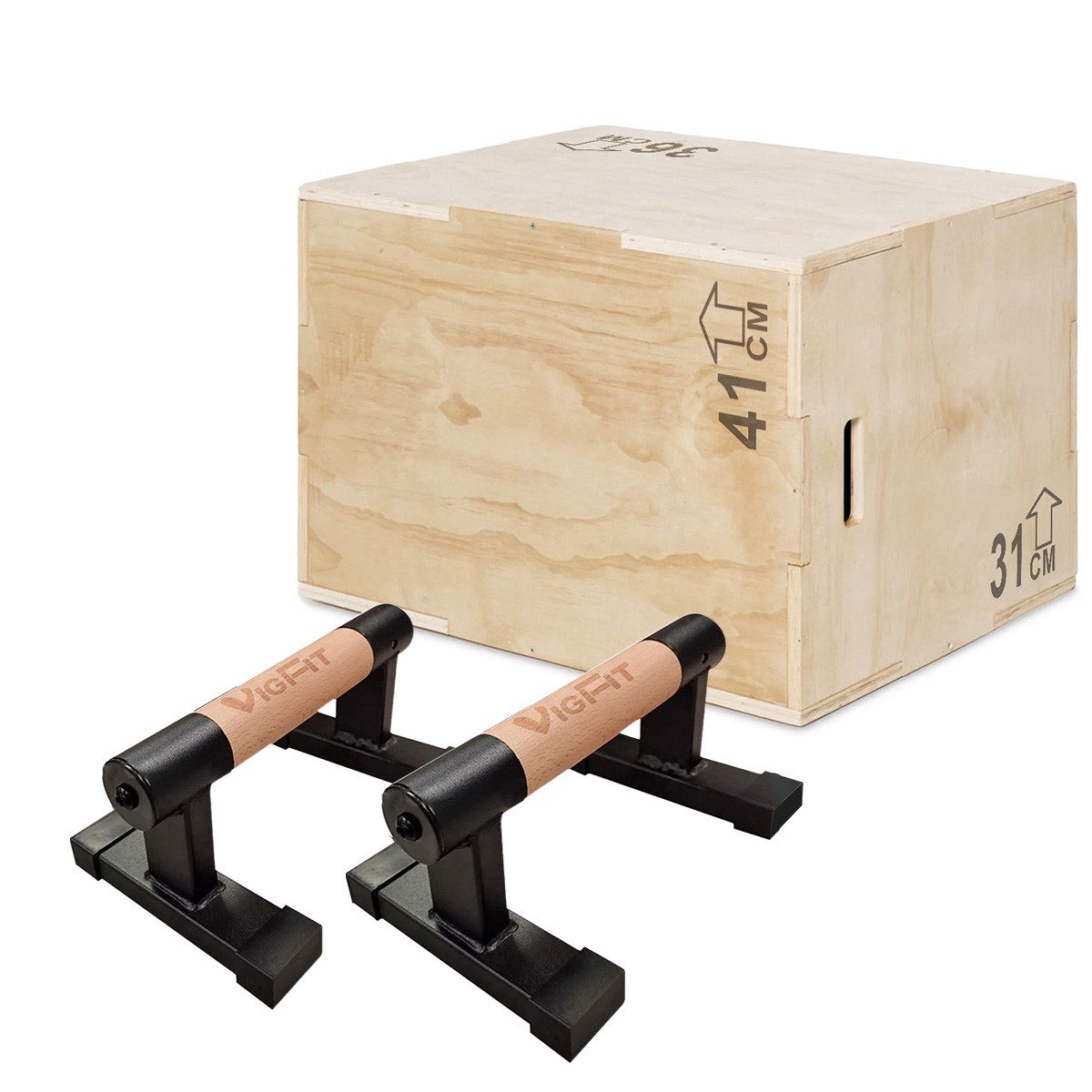 Divit Halter Set Paar Push Up Parallettes 26cm + Plyo Box 31x36x41 cm aus Holz PB9