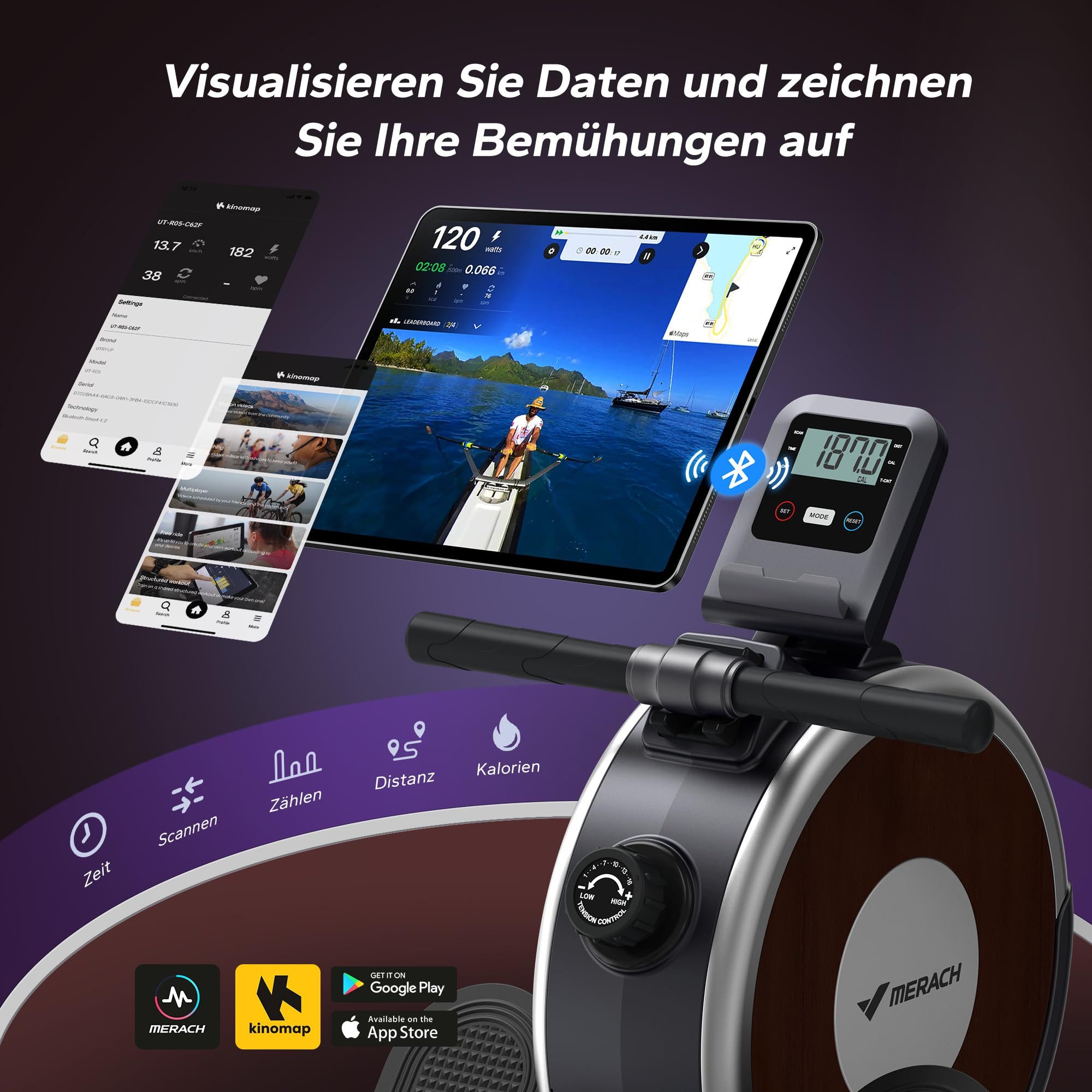 MERACH Rudergerät Magnetisches Bluetooth Rudergeräte mit 16 Widerstandsstufen (Leises Rudergeräte für Zuhause mit Exklusiver APP, LCD-Datenanzeige, Einfacher Au – Bild 4 von 5