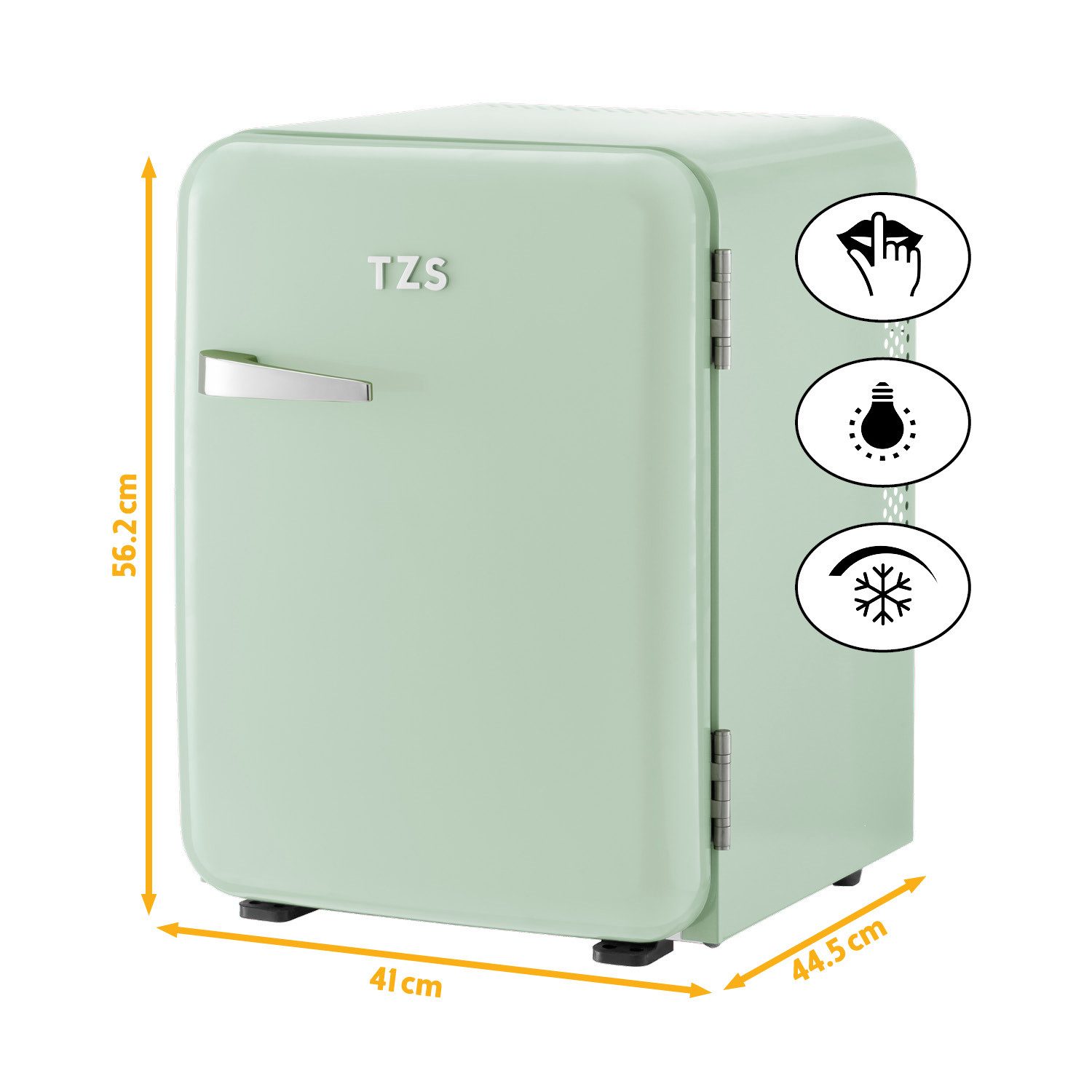 TZS FIRST AUSTRIA Table Top Kühlschrank 40L Retro Lautlos, LED-Beleuchtung FA-5172-3-GL, 56.2 cm hoch, 41 cm breit, Mini Kühlschrank 40L, Minibar E lautlos, LED-Beleuchtung, Retro