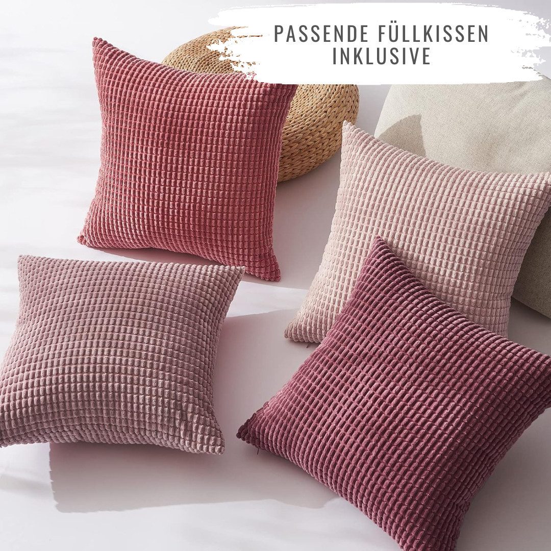 Interior by Hakito Dekokissen 4er Set Kissenbezüge inklusive Füllkissen Set Sven Kordsamt weich, Kissenhülle mit Füllung