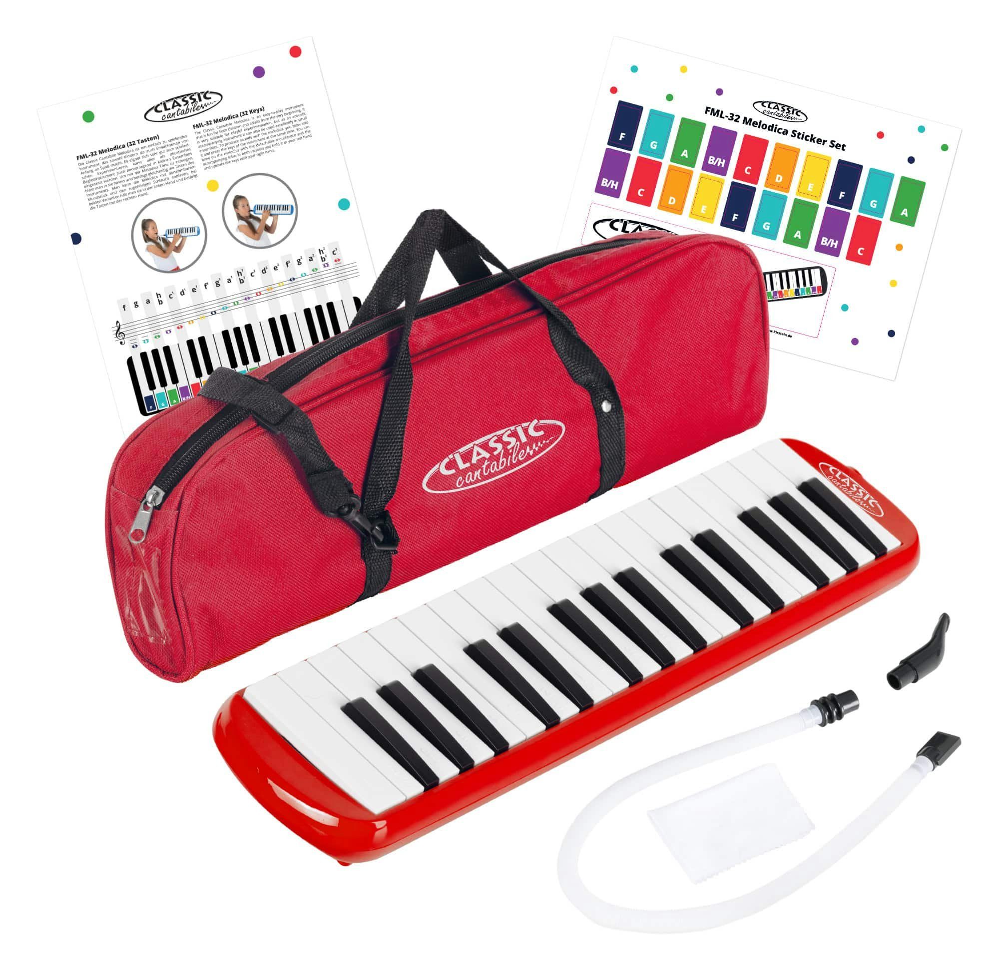 Classic Cantabile Melodica Blasharmonika mit 32 Tasten - Melodica Instrument f - c³, Anfänger-Set, 6-St., Mit Etui, Mundstück und Anblasschlauch, Booklet mit 5 Kinderliedern und bunten Aufklebern