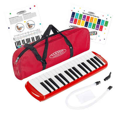 Classic Cantabile Melodica Blasharmonika mit 32 Tasten - Melodica Instrument, f - c³, (Anfänger-Set, 6, Mit Etui, Mundstück und Anblasschlauch), Booklet mit 5 Kinderliedern und bunten Aufklebern