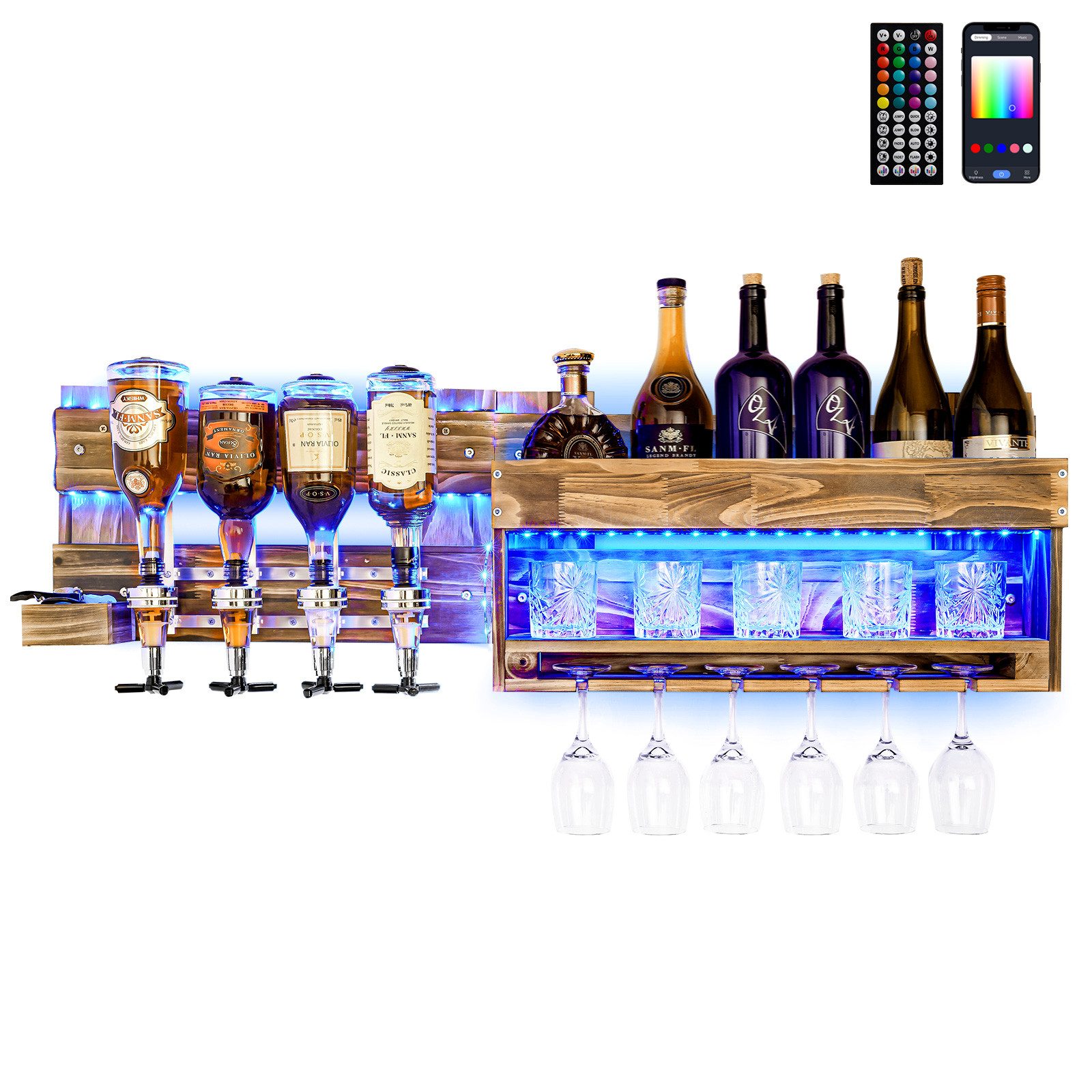 Yorbay Weinregal Weinregal aus Holz, Wandbar mit 4 Getränkespender Wandmontage, Mit LED Beleuchtung, Mit Fernbedienung Flaschenhalter Vintage Stil