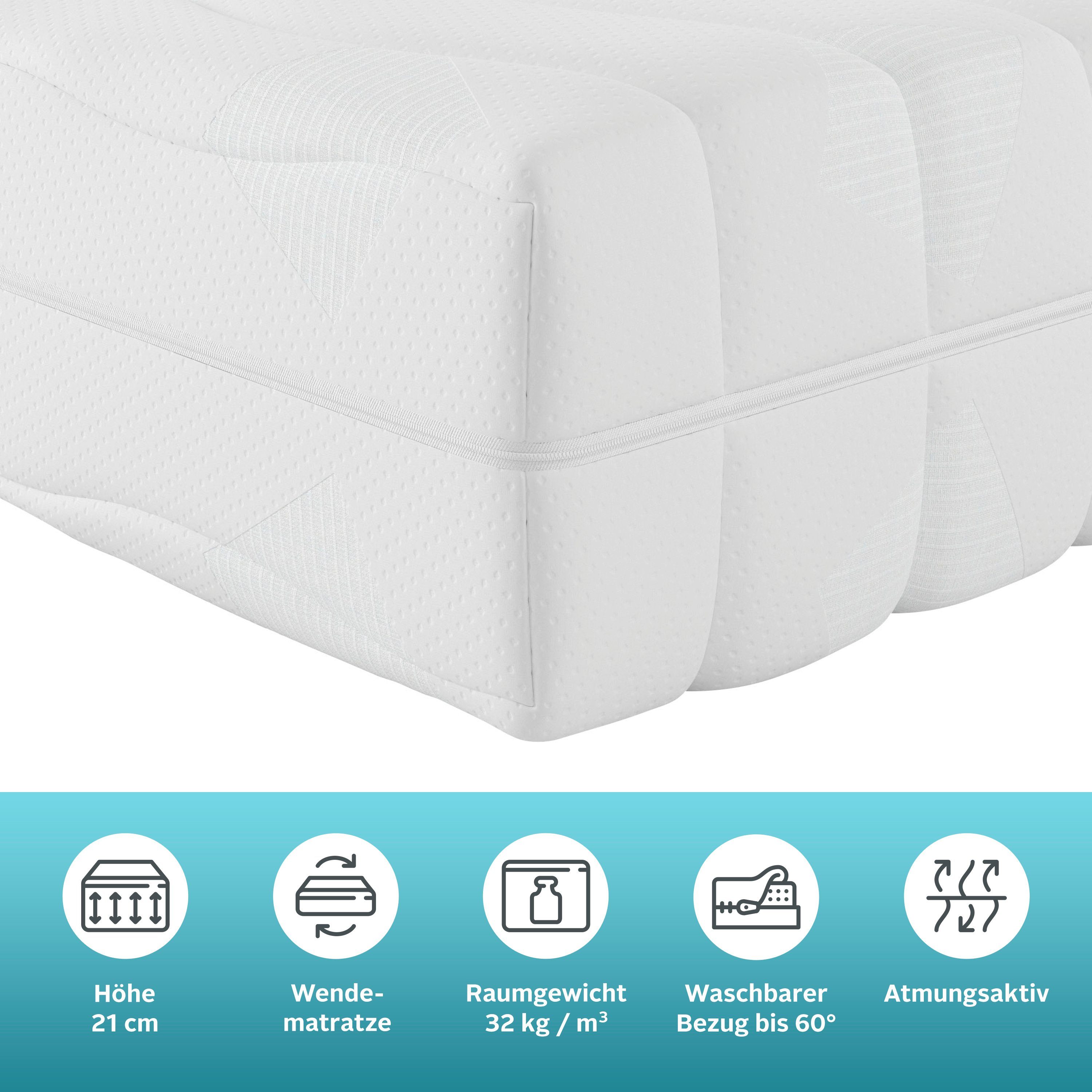 Komfortschaummatratze Lasse, Matratze 90x200 cm, 140x200 cm & weitere Größen, Älgdröm, 22 cm hoch, in H2-H4, 90x200 cm (H4, 22cm) Stiftung Warentest "GUT (2,3)" getestet