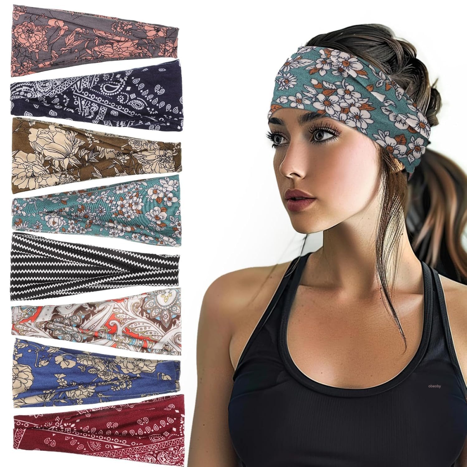 AFKSMILE Haarband 8 Stück Haarbänder Damen, Elastisches Boho Stirnband Print Haarschmuck, Breites Kopfband Weiches Haarband Mehrfarbig Blumendruck für Lauf Yoga
