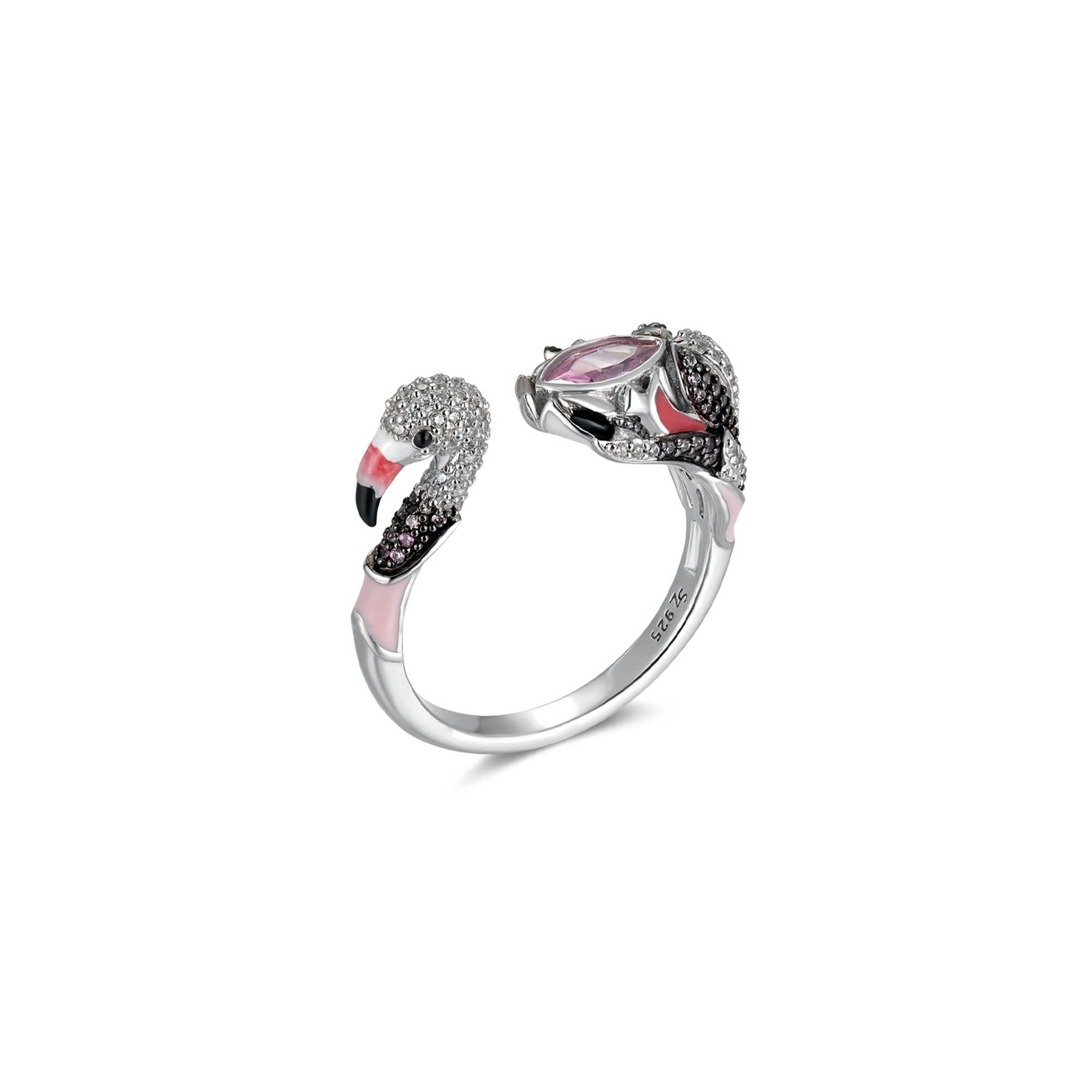 Seinerzeit FLORA & FAUNA Silberring Fabio Flamingo Ring (1-tlg), Material: 925 Sterling Silber, rhodiniert, geschwärzt mit Emaille