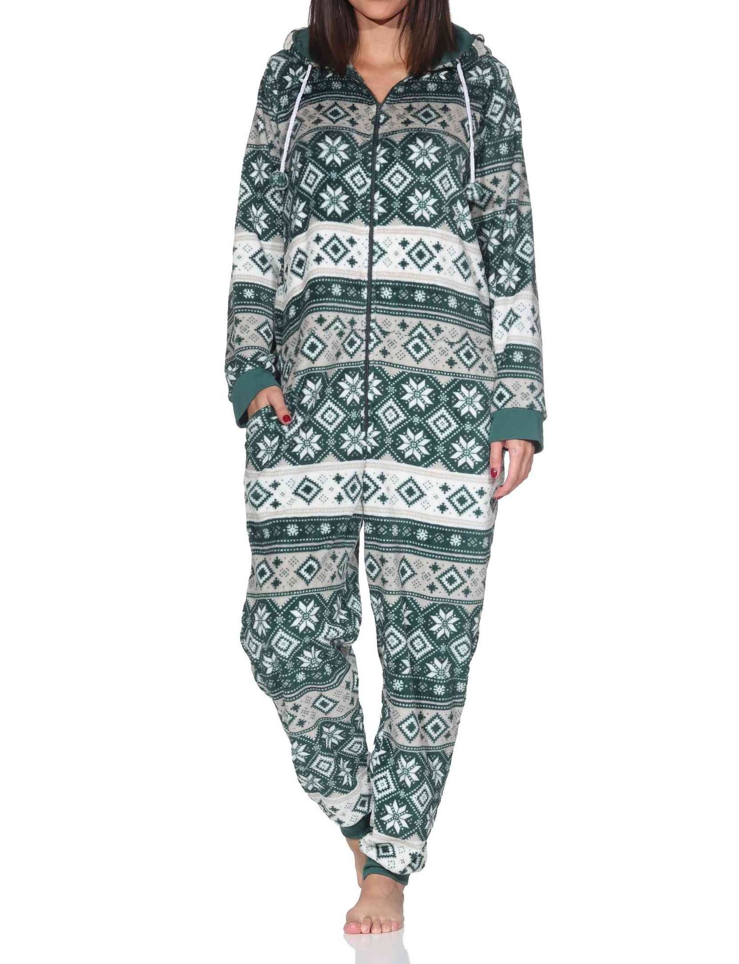 Normann Pyjama Damen Schlafanzug Jumpsuit Overall in Norweger Optik aus Coral Fleece