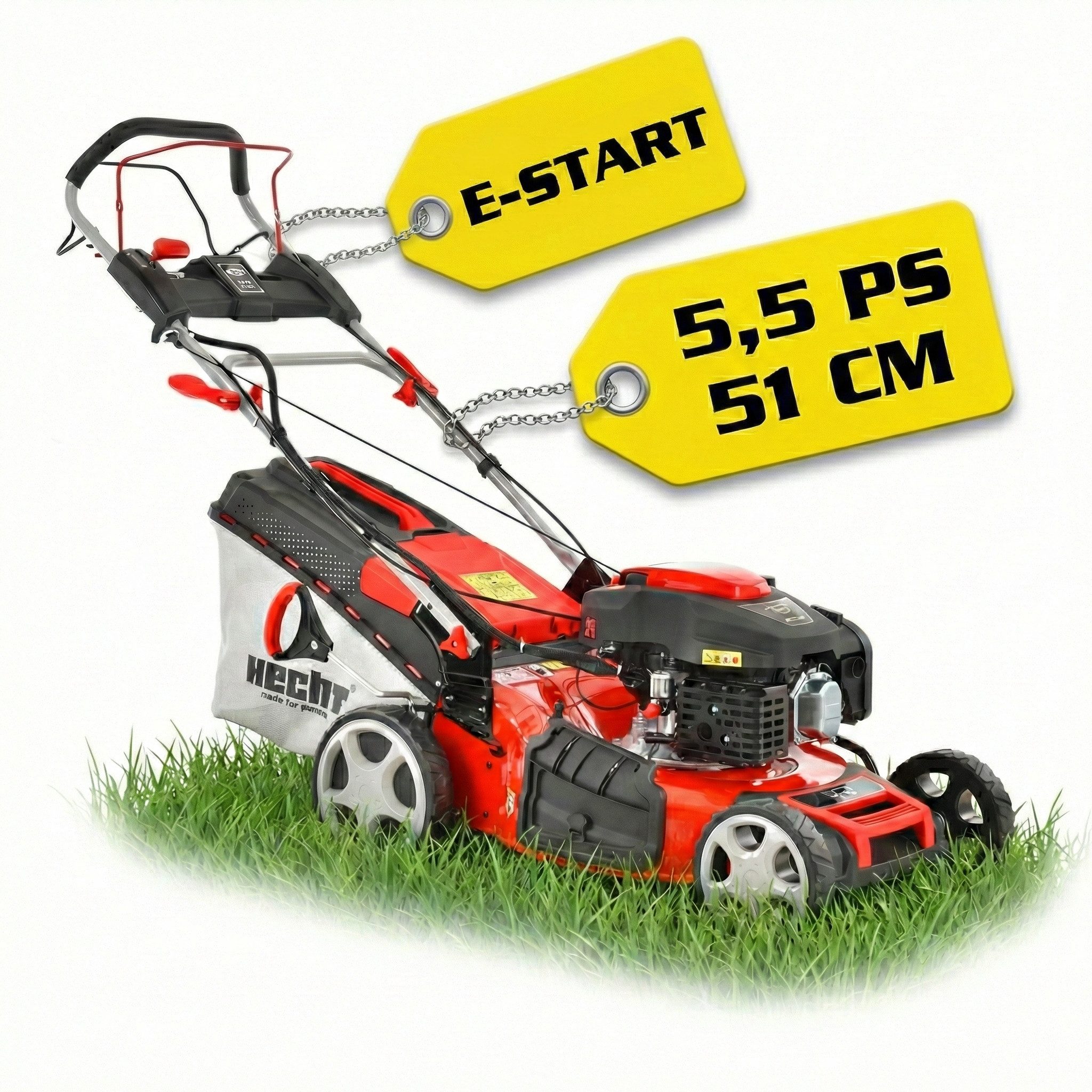 Hecht Benzinrasenmäher 551 SXE mit Radantrieb Elektrostart, 51 cm Schnittbreite, 5,5PS, 5in1, 65L Fangkorb, Mulchkit