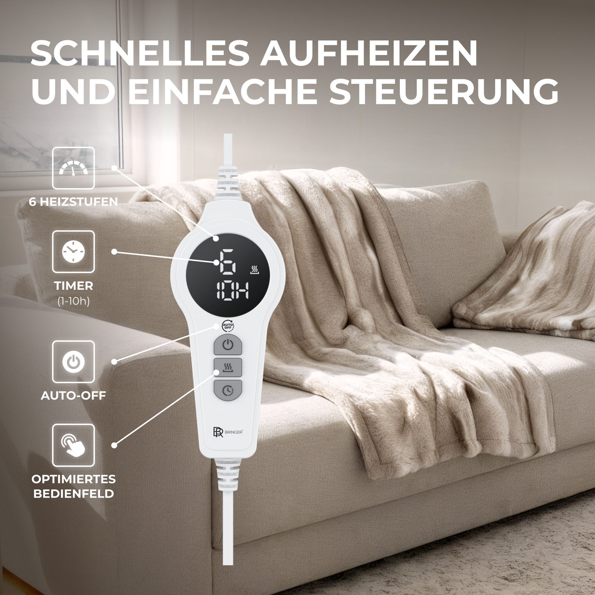 Bringer Heizdecke, elektrische Kuscheldecke mit Abschaltautomatik & Überhitzungsschutz