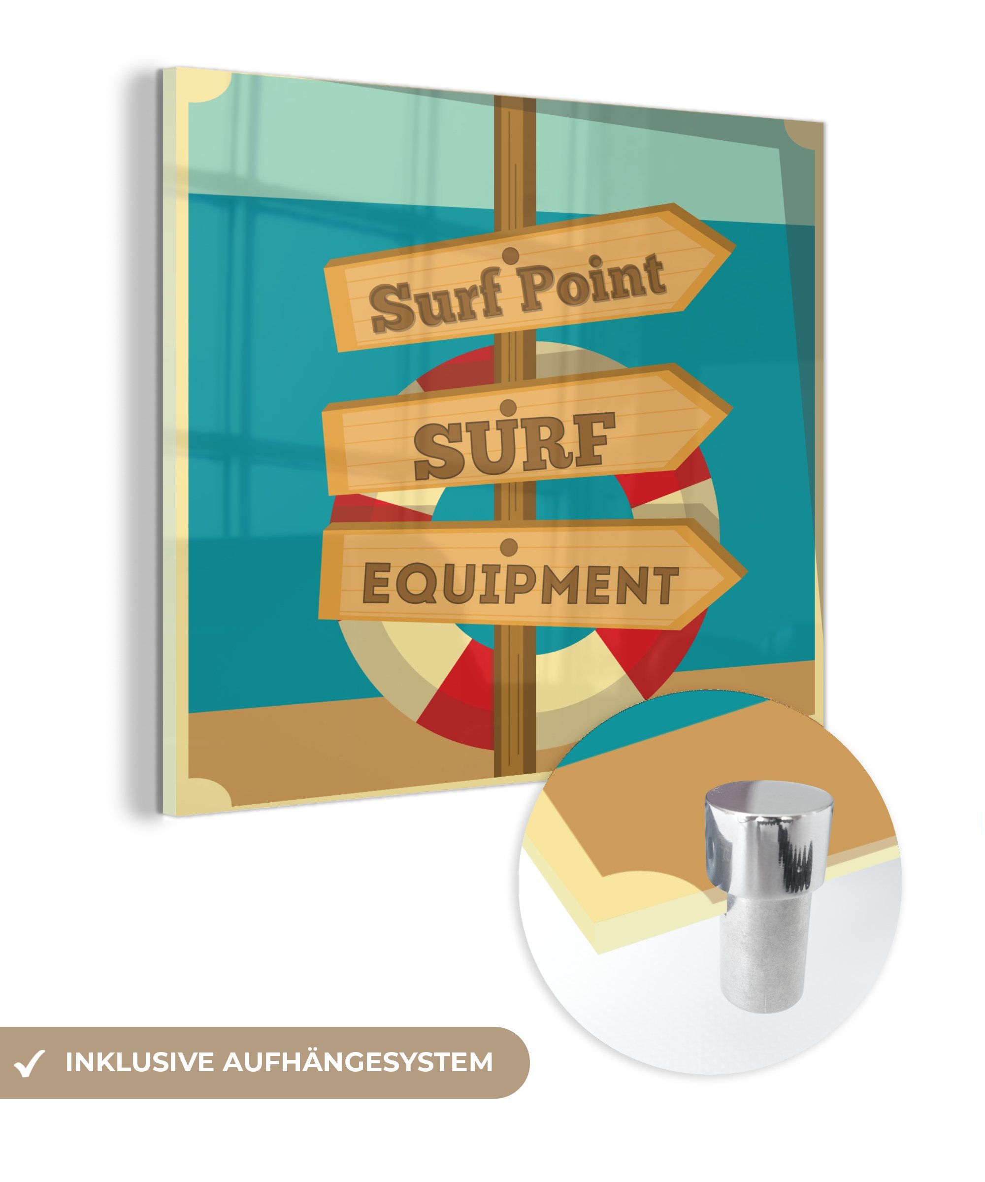 MuchoWow Acrylglasbild Illustration von "Surf Point, Surfausrüstung" und einer Rettungsboje, (1 St), Glasbilder - Bilder auf Glas Wandbild - Foto auf Glas - Wanddekoration