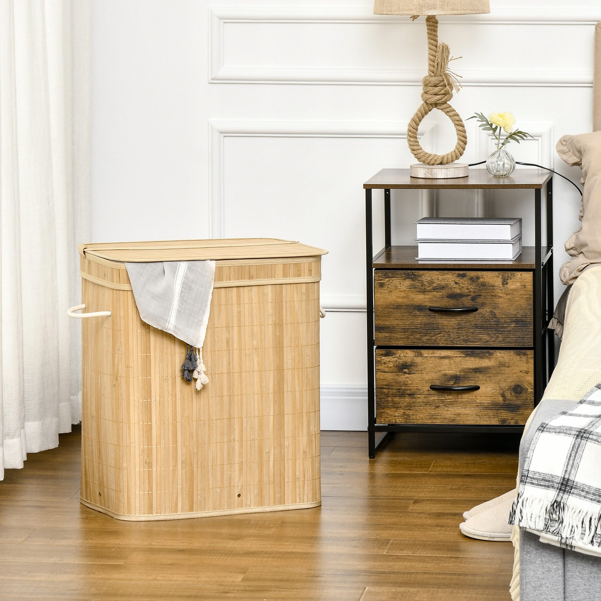HOMCOM Wäschekorb Wäschesammler mit Griffen, 2 herausnehmbarer Wäschesack, faltbar (Wäschebox, 1 St., Wäschetonne), für Waschküche Schlafzimmer Badezimmer Natur