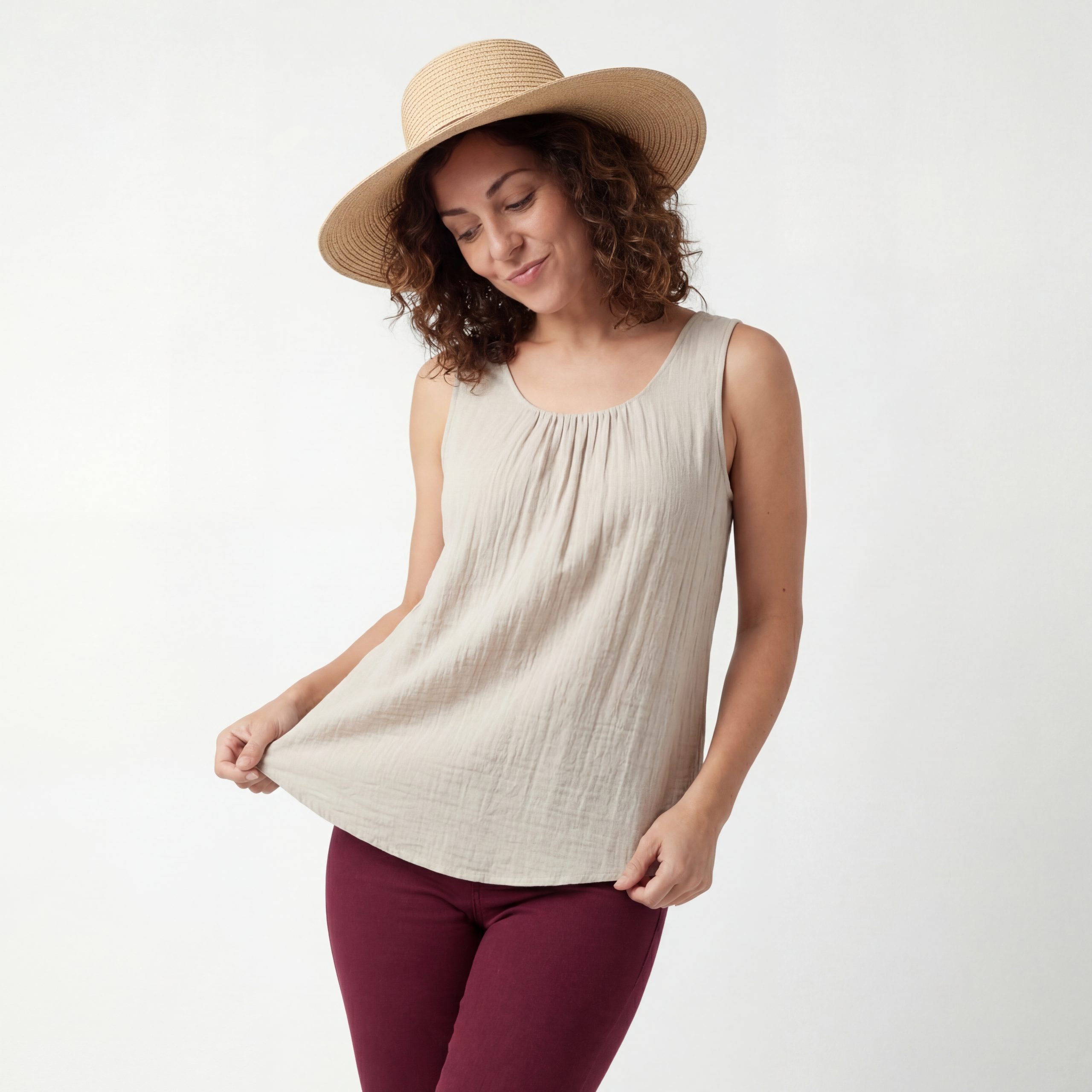 OriginalYou Trägertop Damen Sommer Top Leinenoptik blickdichtes Oberteil mit Innentop Größen von 36 bis 48, Unifarben, Rundhals