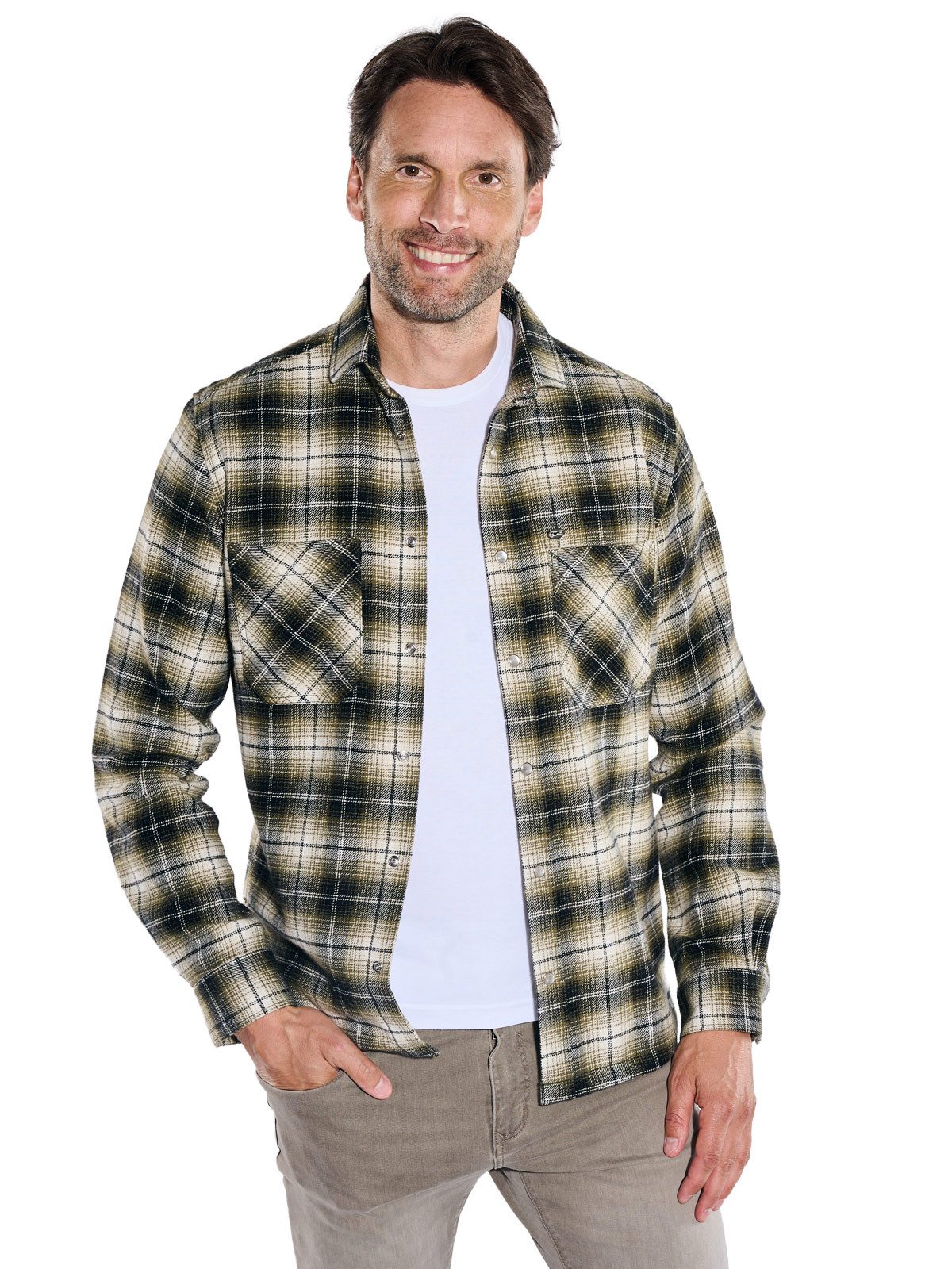 Engbers Langarmhemd Herren Flanell-Overshirt, Oliv