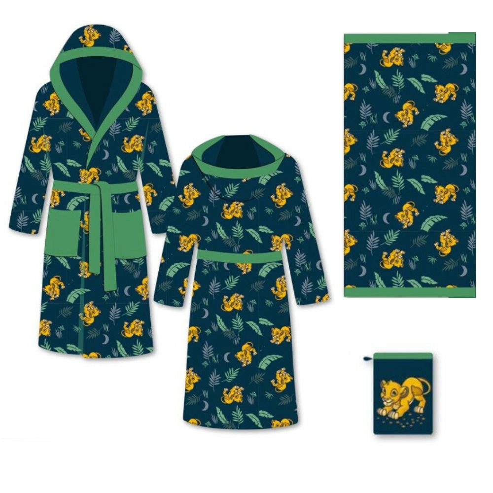 Disney Kinderbademantel König der Löwen 3 tlg Kinder Bademantel Handtuch Handschuh, langarm, polyester, Kapuze, Gürtel, Gr. 98 bis 128