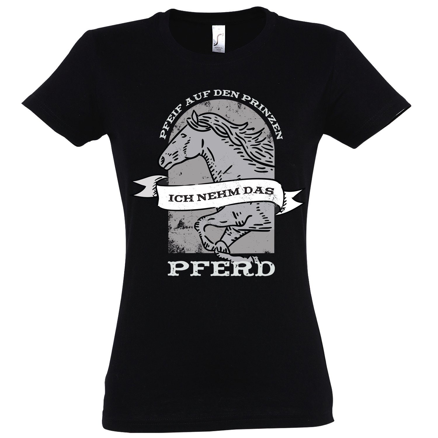 das Prinzen, modischem den print nehm ich "Pfeif mit Damen Youth T-Shirt Pferd" Designz T-Shirt auf Schwarz
