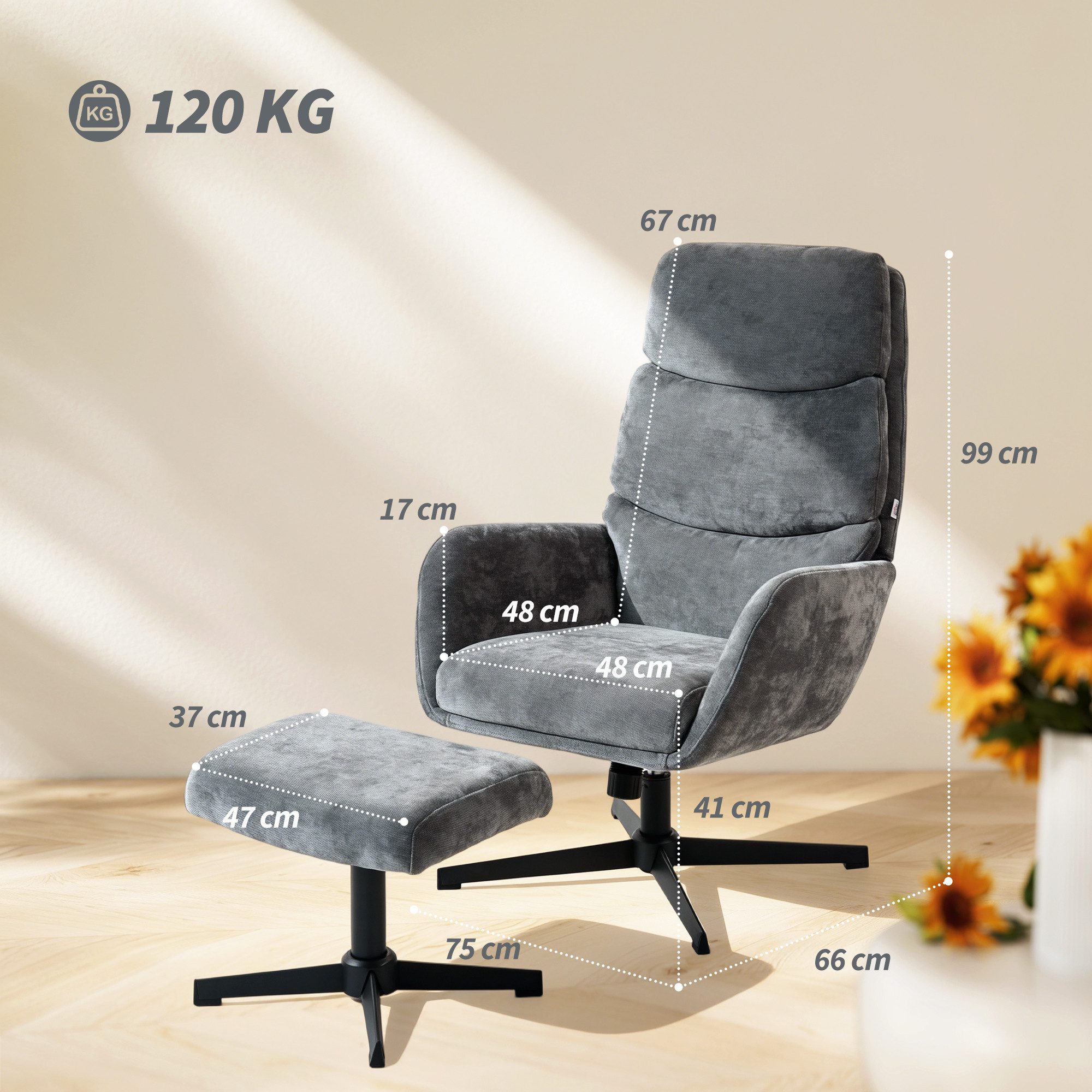 HOMCOM Relaxsessel Sessel mit hoher Rückenlehne, Loungesessel mit Wippfunktion (Fernsehsessel, 2-St., Loungesessel mit Hocker), für Wohnzimmer, Schlafzimmer, Grau