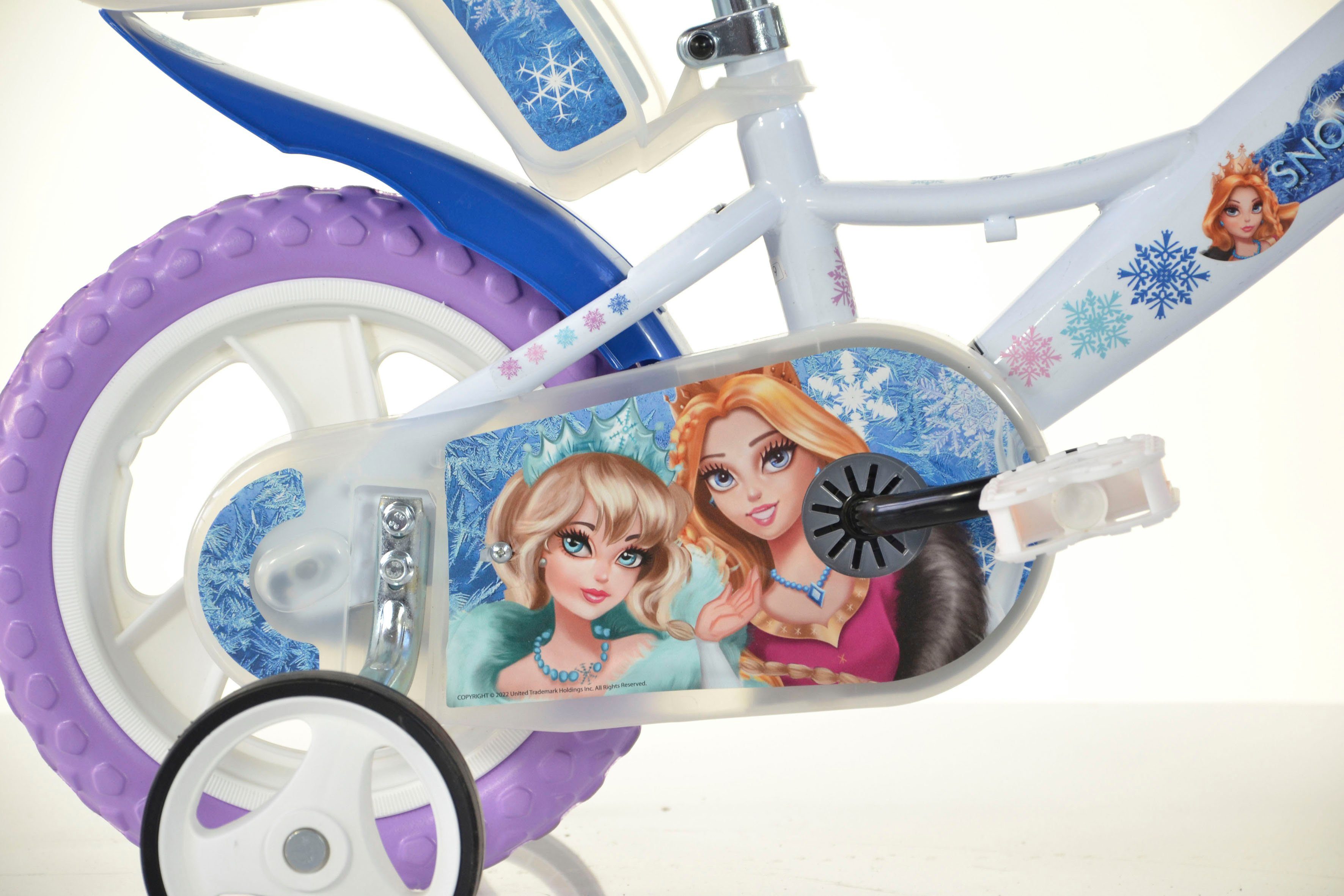 Dino Bikes Kinderfahrrad 12" Snowqueen Kinderfahrrad Mädchen stabiler Stahl-Rahmen Stützräder, 1 Gang, mit Stützrädern, Korb und Puppensitz