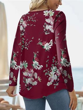 KIKI Longbluse Damen-T-Shirt Plissiert Quadratischer Ausschnitt Langarm Floral