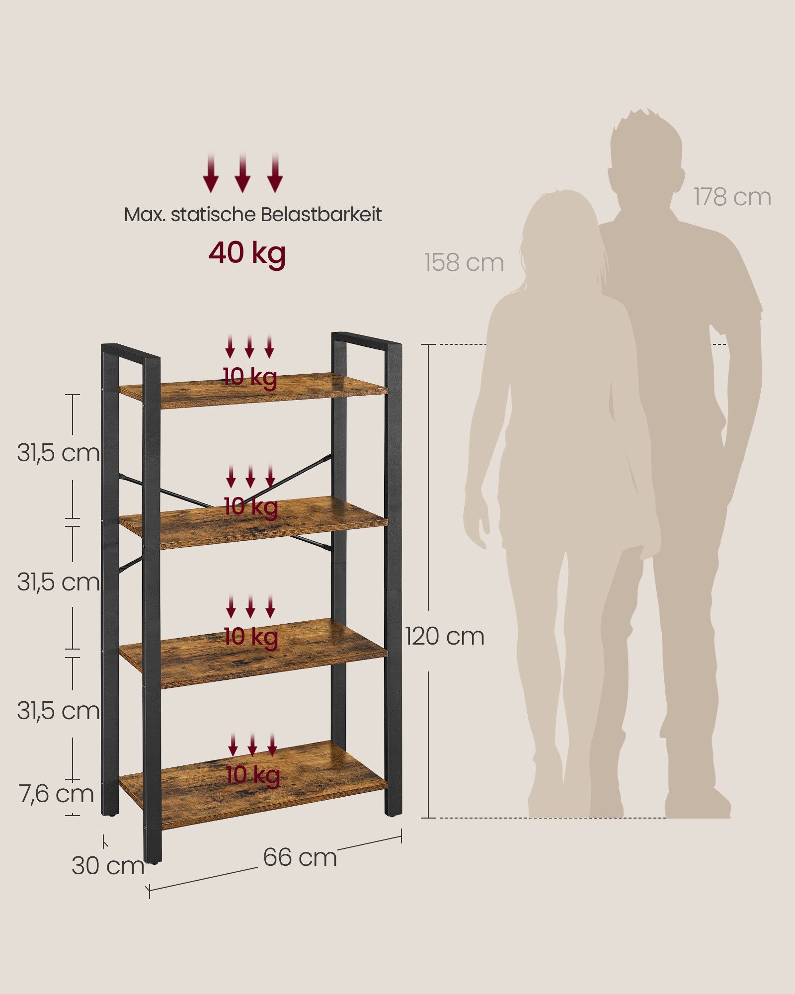 VASAGLE Bücherregal Standregal, DVD-Regal, Büroregal, Büro, Wohnzimmer, Schlafzimmer, Flur, mit 4 Ebenen, Stahlgestell, 66 x 120 x 30 cm, vintagebraun-schwarz