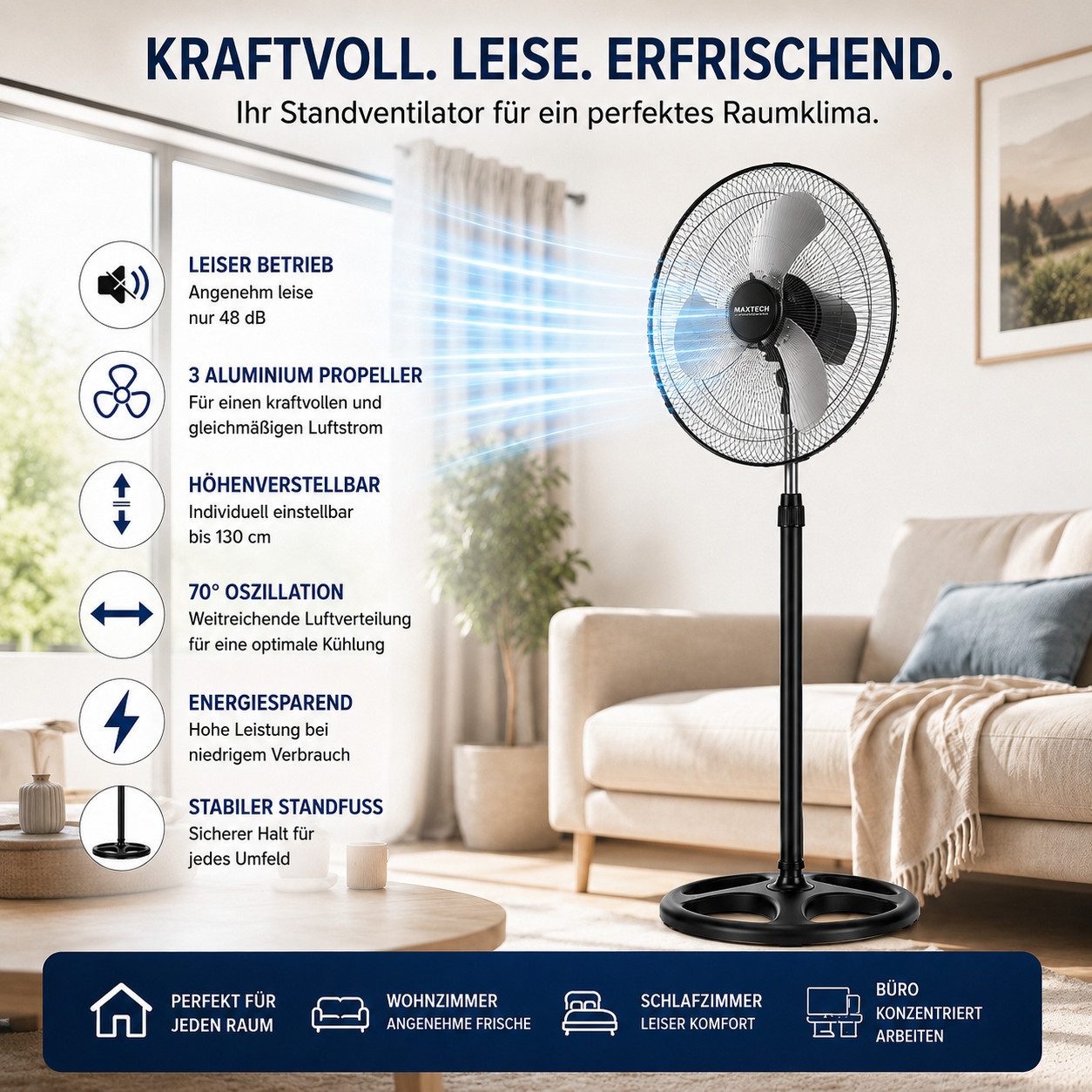 Ertex Standventilator Standventilator Ventilator Kühler 45W Standventilator 130cm STARK