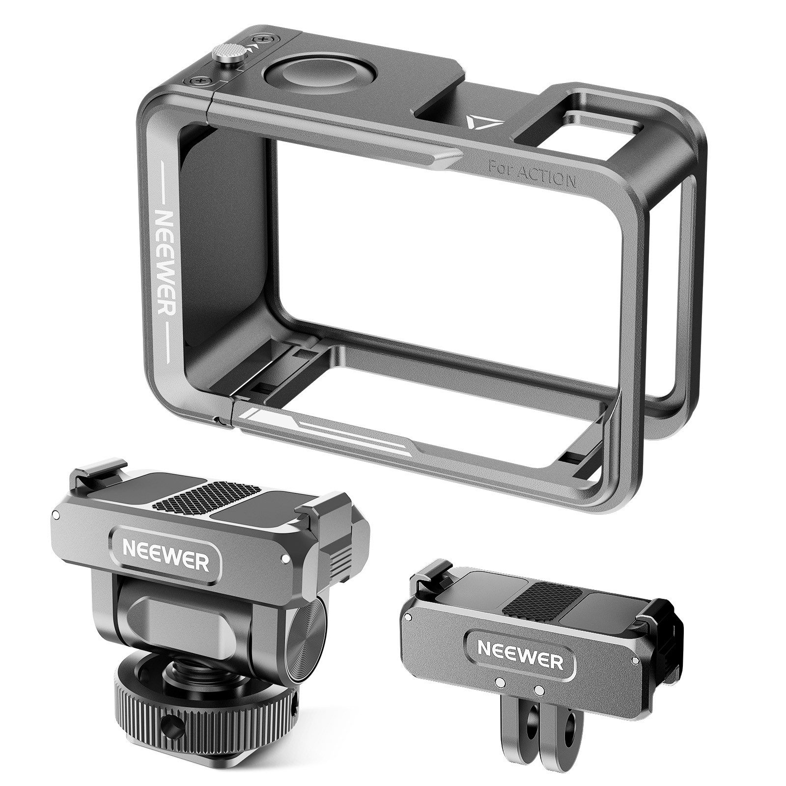 Neewer Action Cam-Halterung Action Kamera Cage Käfig Set, kompatibel mit DJI Osmo Action 5 Pro 4 3, (Packung, mit Cold Shoe Mount und magnetischem Mount Adapter, AC011+AC012+AC014)