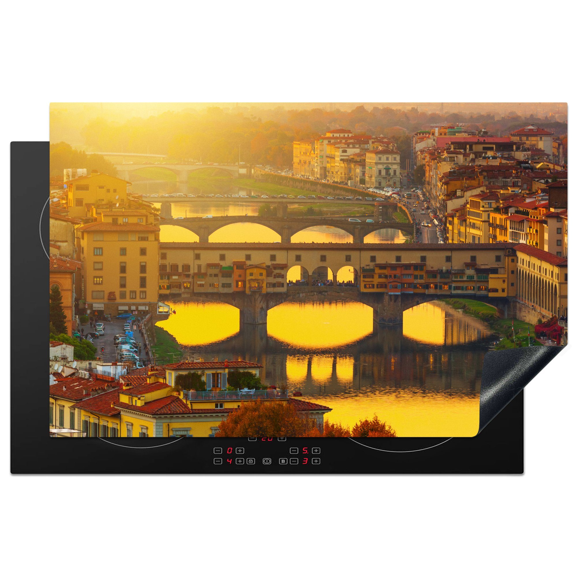 MuchoWow Herdblende-/Abdeckplatte Beleuchtung der Ponte Vecchio durch die tiefstehende Sonne in Italien, Vinyl, (1 tlg), 81x52 cm, Induktionskochfeld Schutz für die küche, Ceranfeldabdeckung