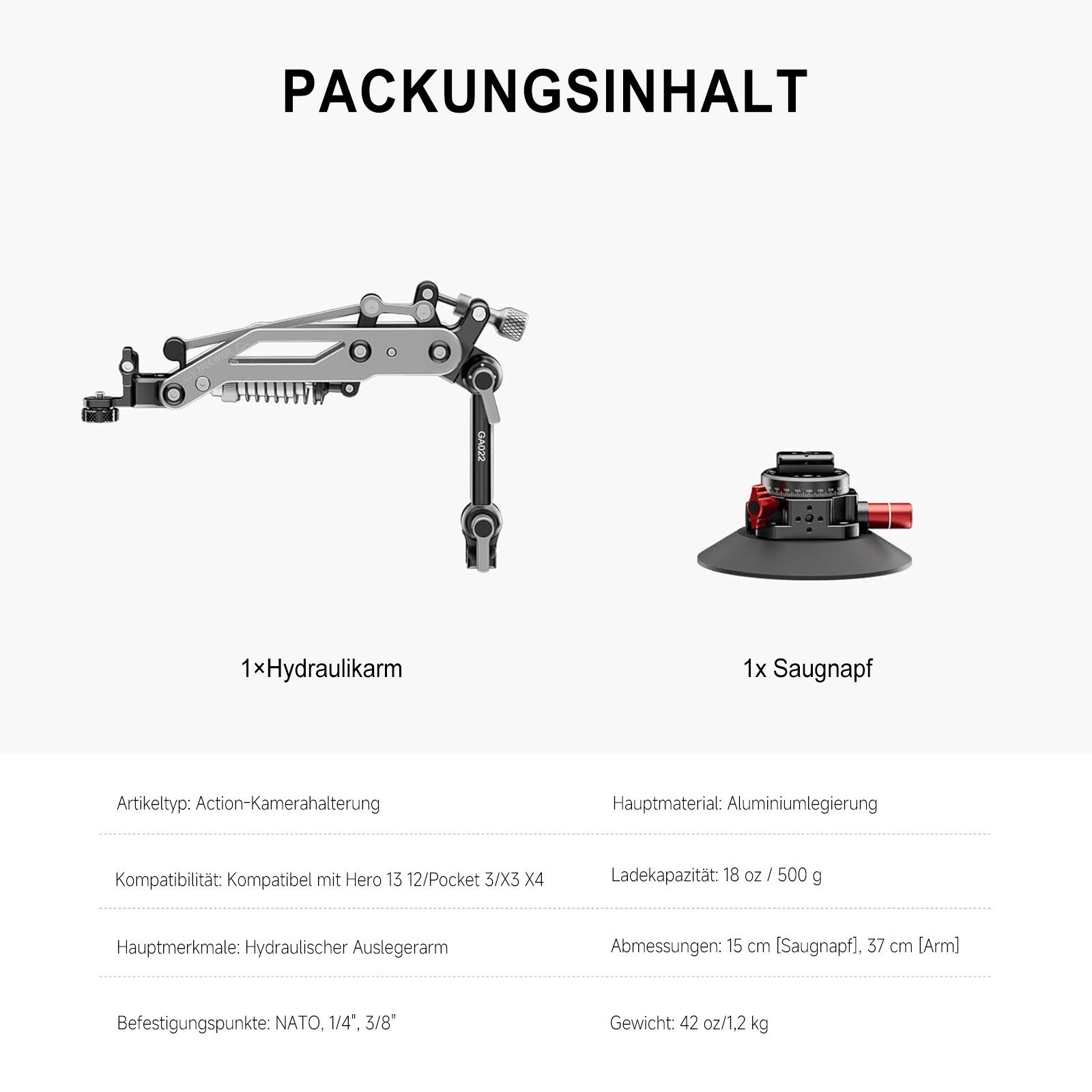 Neewer Action Cam-Halterung GA022 Vakuum Saugnapf Autohalterung, mit Hydraulic Boom Arm, (Packung, NATO Schiene, Aluminiumlegierung, für DJI Osmo Pocket 3 Insta360)