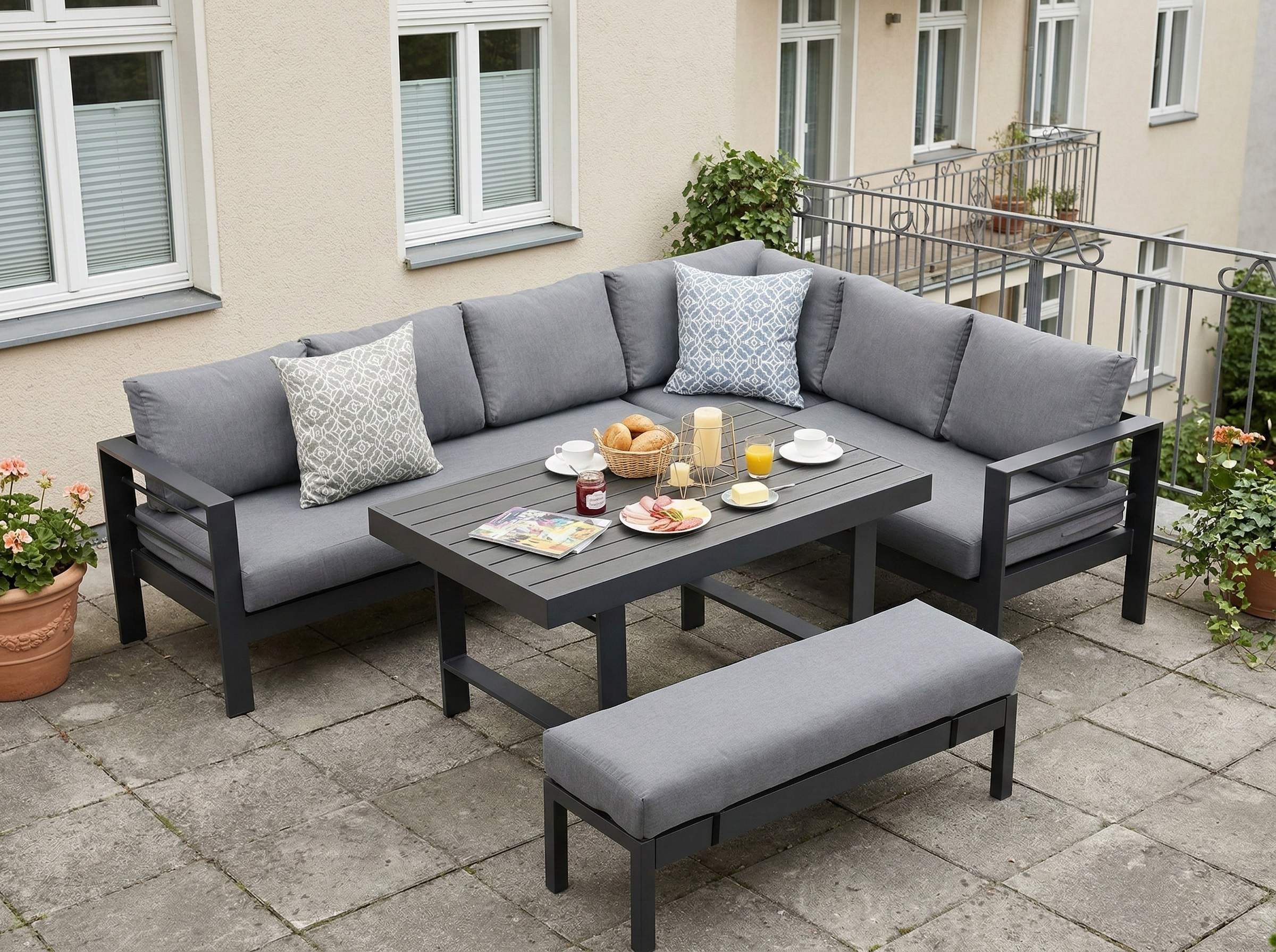 MeXo Gartenlounge-Set XXL Gartenmöbel Set Aluminium für 6-8 Personen, (Dining Loungeset Outdoor, 5-tlg., mit 12 cm dicken Sitzkissen, pflegeleichte Polywood-Tischplatte), wetterfeste Ecklounge mit Esstisch