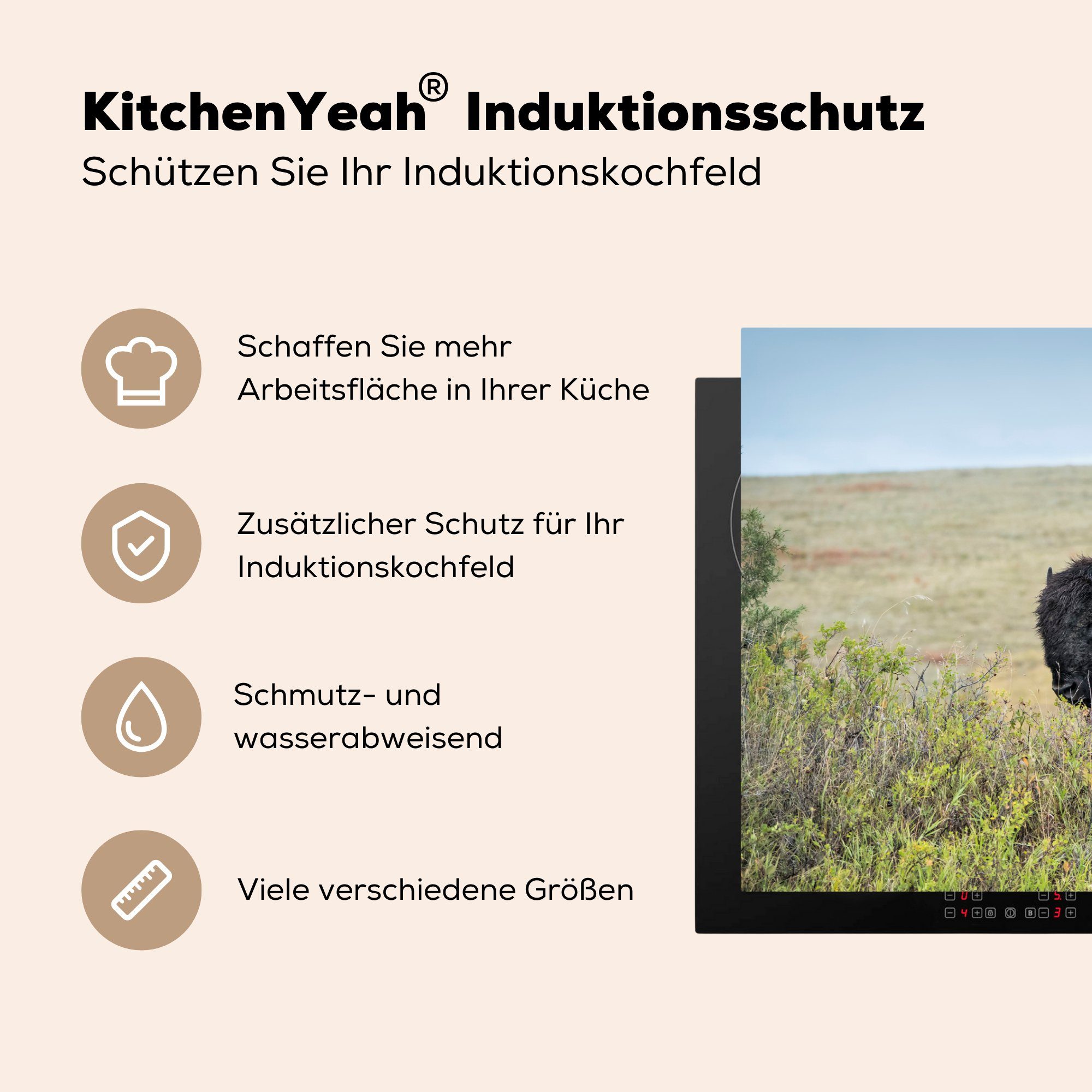 MuchoWow Herdblende-/Abdeckplatte küche, (1 die stehend, tlg), Induktionskochfeld Bison der 81x52 cm, für Ceranfeldabdeckung Vinyl, Landschaft in Schutz