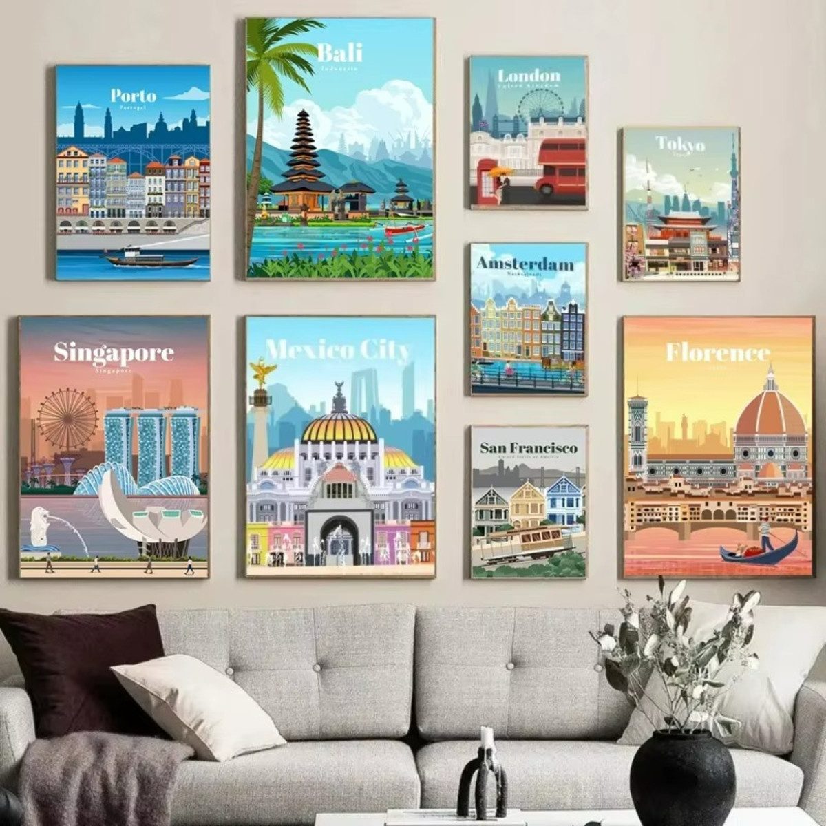TPFLiving Kunstdruck (OHNE RAHMEN) Poster - Leinwand - Wandbild, Amsterdam Tokio London Insel Bali Vancouver Reiseposter Leinwand (Leinwandbild XXL), Farben: Blau, Orange, Rot, Grün, Weiß, Braun - Größe: 20x30cm