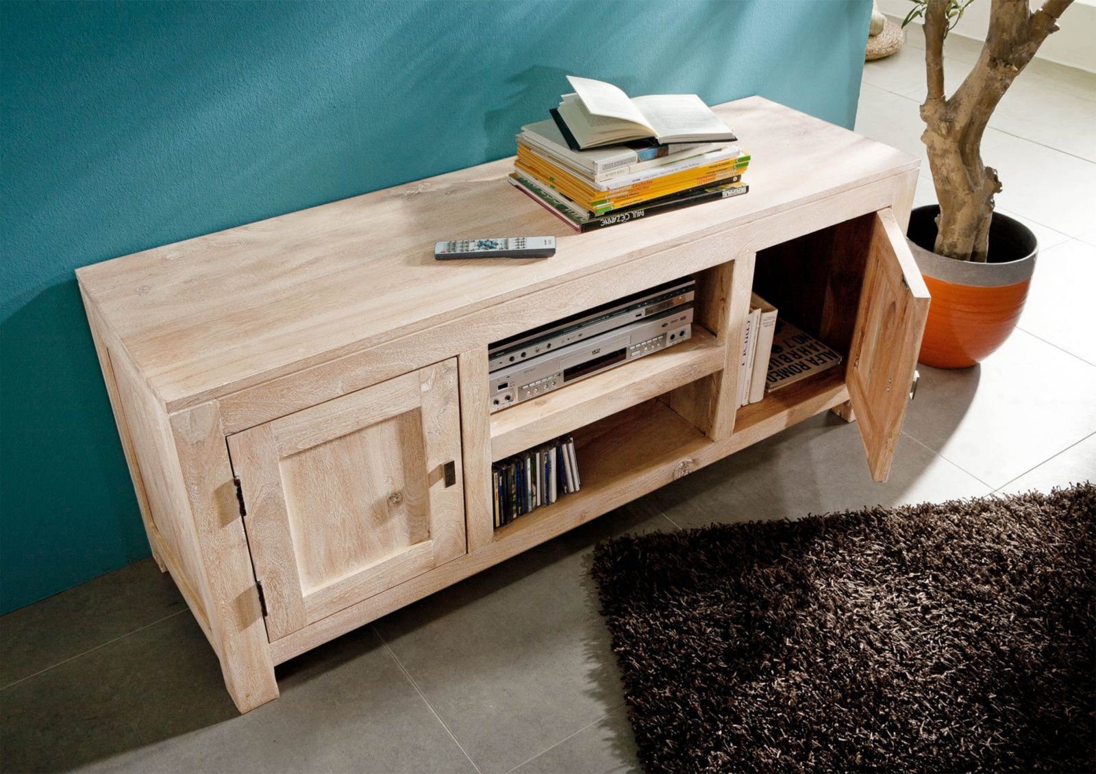 Massivmoebel24 TV-Board NATURE WHITE (Massivholz), TV-Board Akazie 145x45x60 white stone getüncht  NATURE WHITE #41