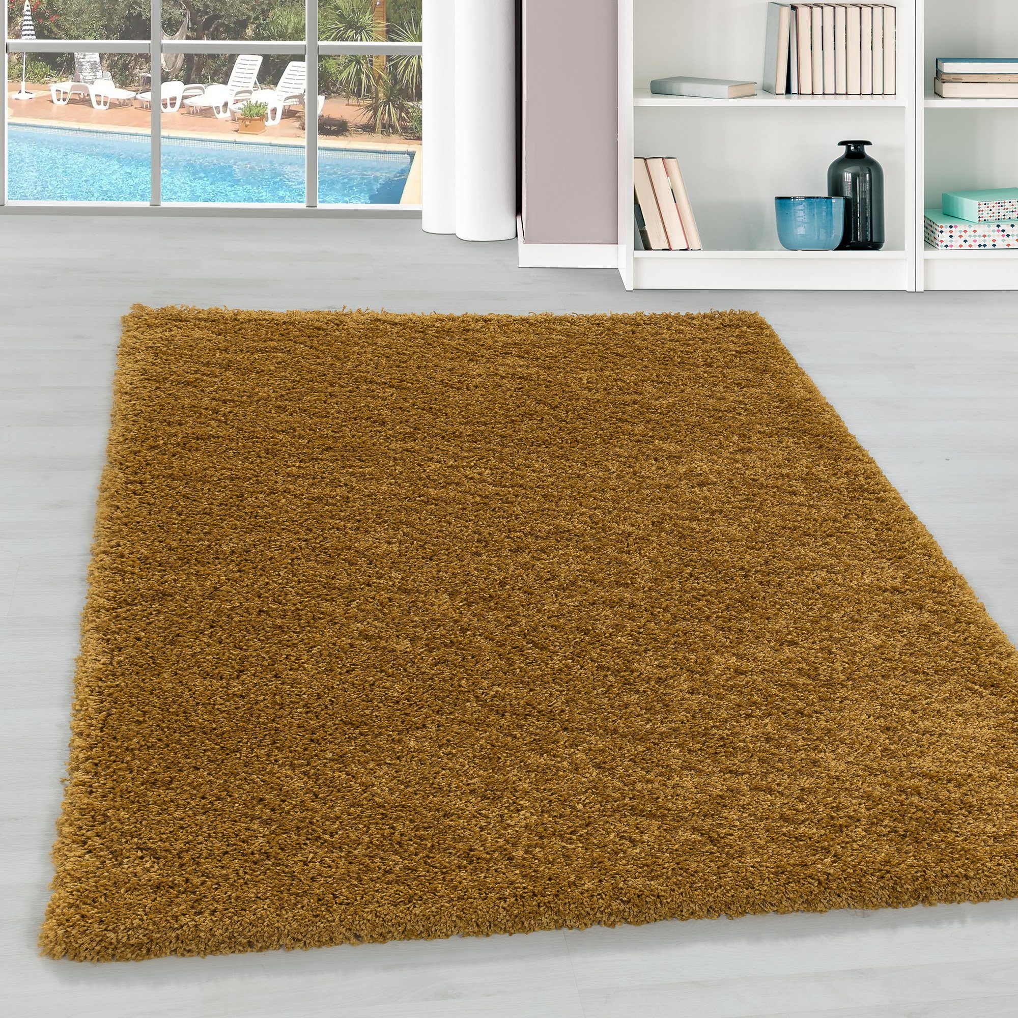 Teppich Unicolor - Einfarbig, Teppium, Läufer, Höhe: 30 mm, Teppich Wohnzimmer Gold | Hochflor-Teppiche