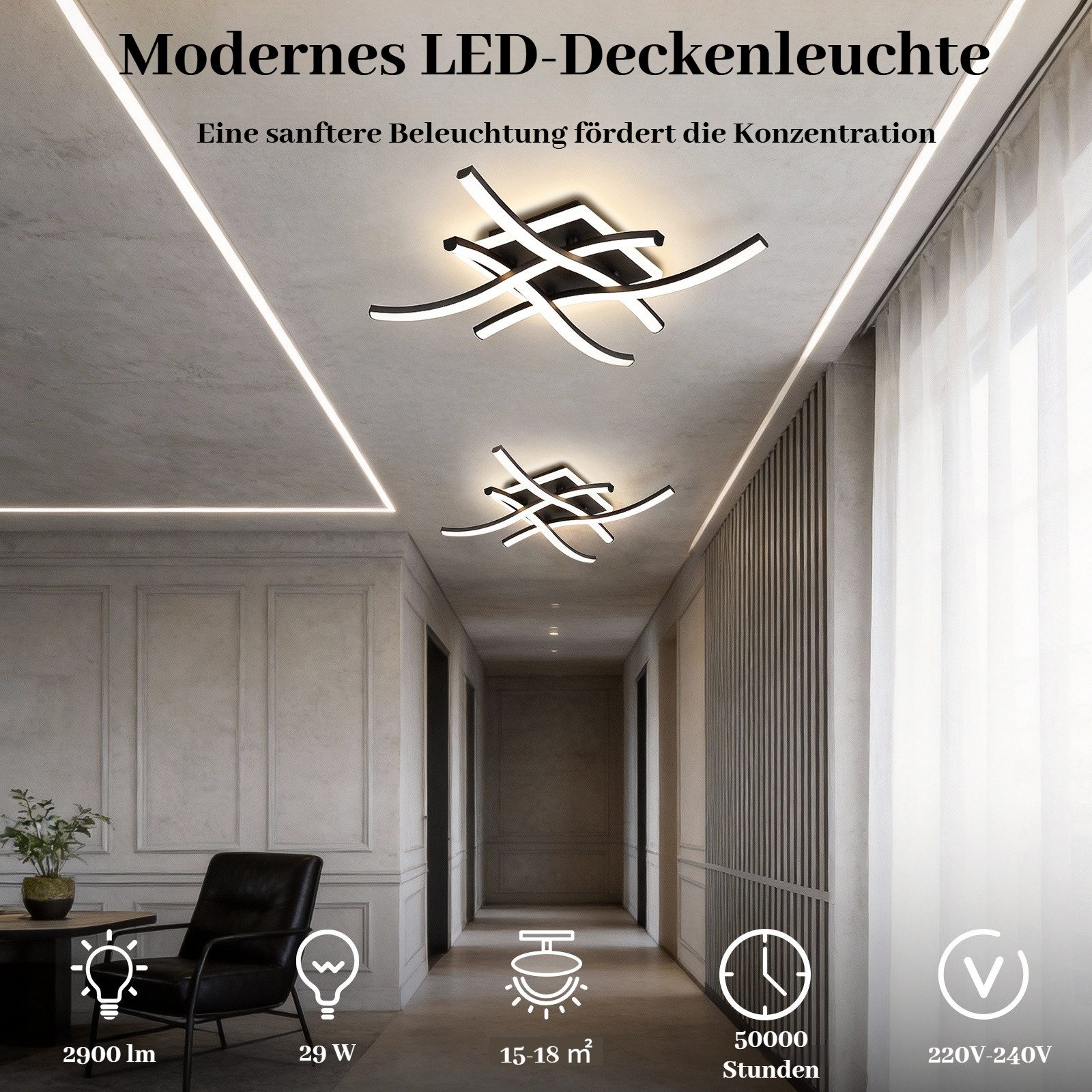 BlingBin LED Deckenleuchte 29W Kronleuchter Lampe Modern geschwungene Design Deckenleuchte, 2900 lm, LED fest integriert, Kaltweiß, Neutralweiß, Warmweiß, mit 4 Stück Winkte Licht Für Wohnzimmer Schlafzimmer Esszimmer