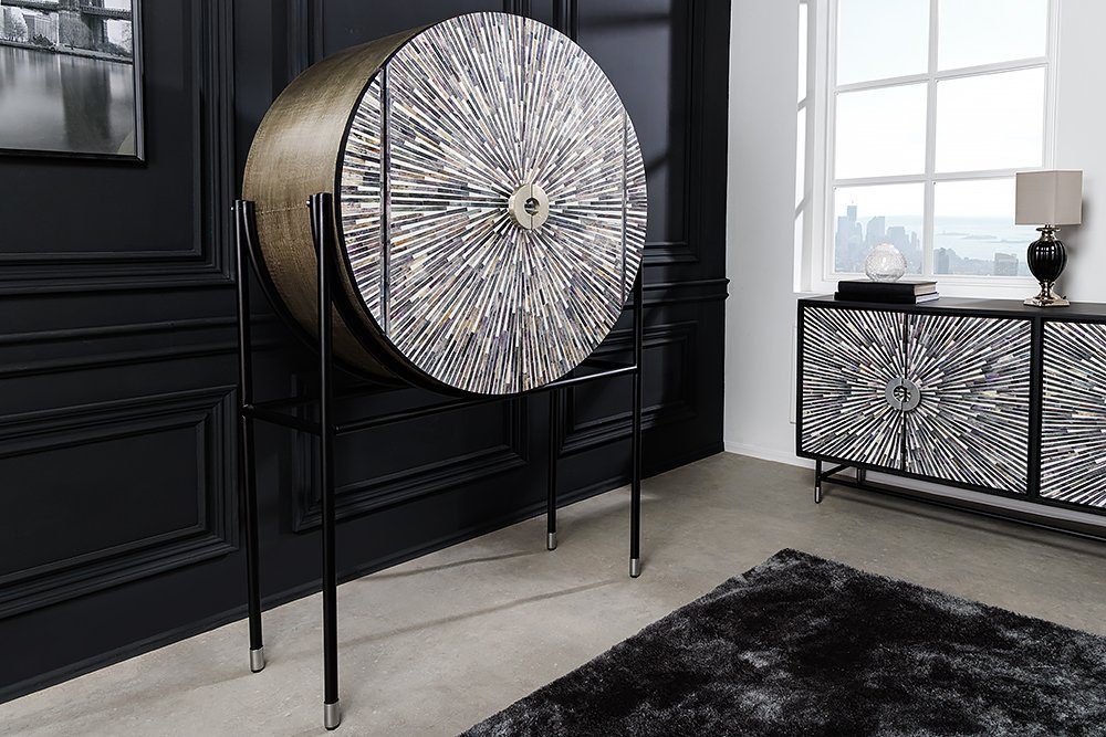 riess-ambiente Barschrank HERITAGE 160cm schwarz / silber (Einzelartikel, 1-St) Wohnzimmer · Metall · rund · Intarsien-Front · Handmade