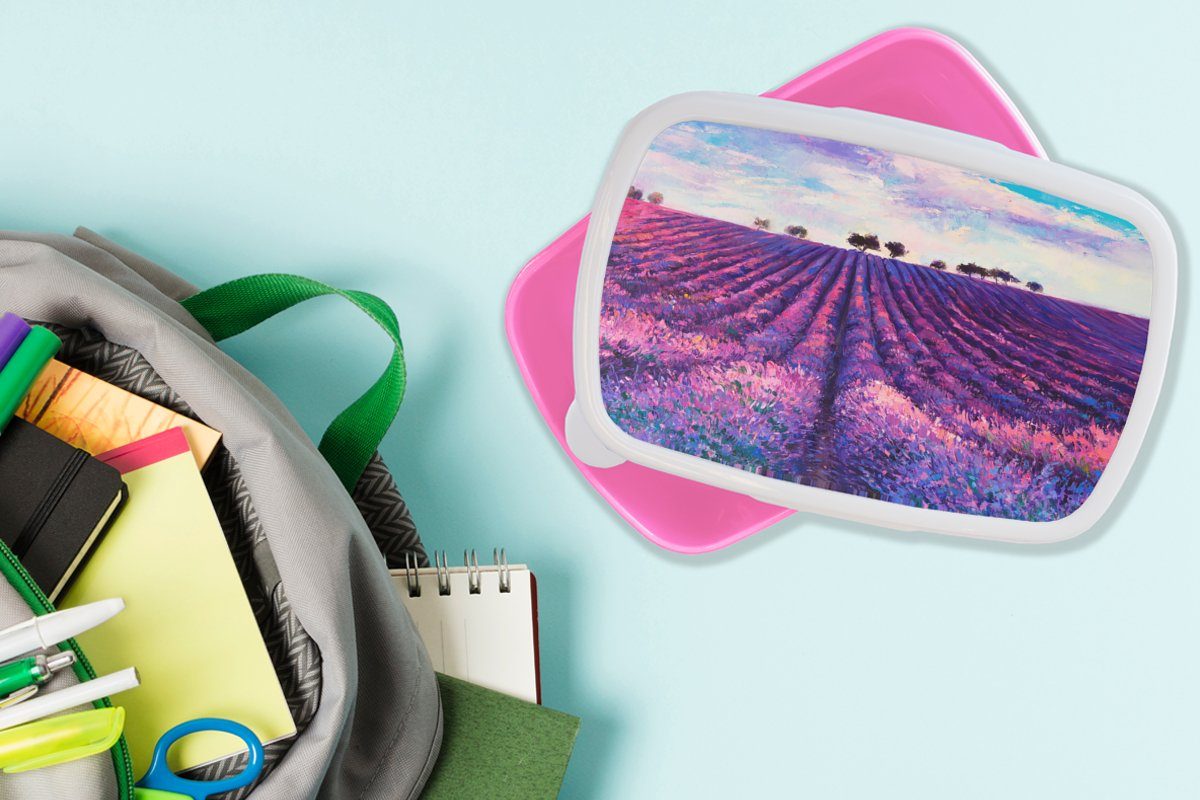 rosa Blumen, Brotbox - Snackbox, Kinder, für MuchoWow Kunststoff Ölfarbe Erwachsene, Kunststoff, Brotdose - Malerei Lunchbox Mädchen, (2-tlg),