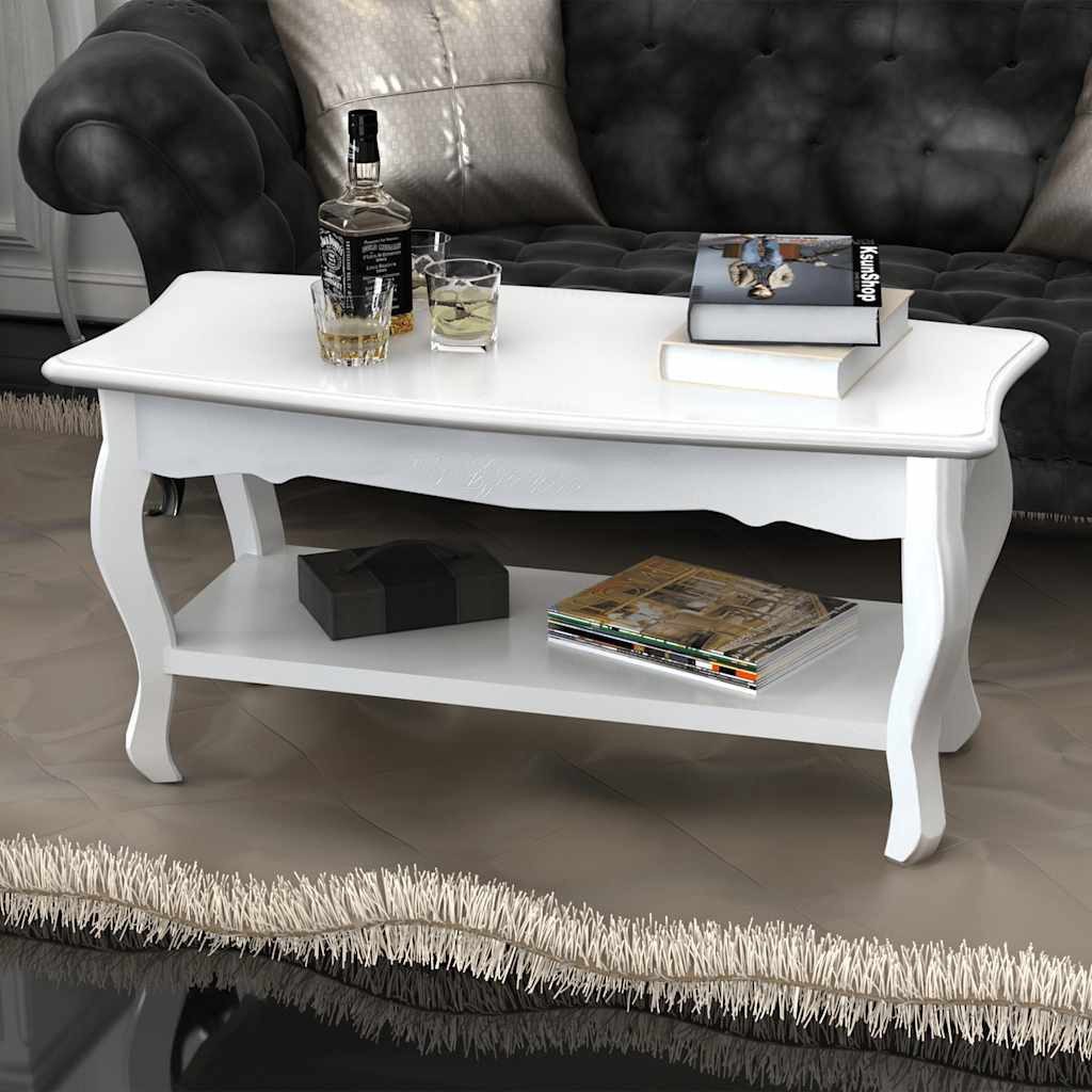 furnicato Couchtisch mit Ablage 87,5x42x44 cm Weiß aus Massivholz (1-St), Wohnzimmertisch im französischen Provinzstil mit extra Ablagefläche