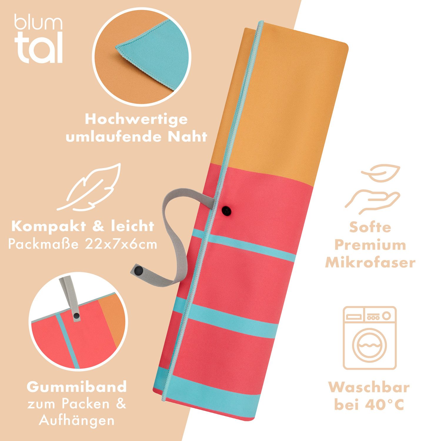 Blumtal Reisehandtuch Strandhandtuch 90x180 cm aus Mikrofaser - kompakt & schnelltrocknend, sandfrei mit Band - Mikrofaser Handtuch groß mit Wellen-Muster – Bild 3 von 5