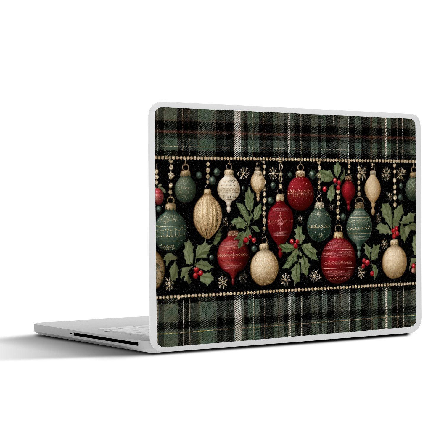 MuchoWow Laptop-Aufkleber Weihnachtskugeln - Rot - Stechpalmenzweige - Muster, (1tlg), Aufkleber Geeignet für Laptops, Schutz vor Kratzern, Sticker, 32x23 cm