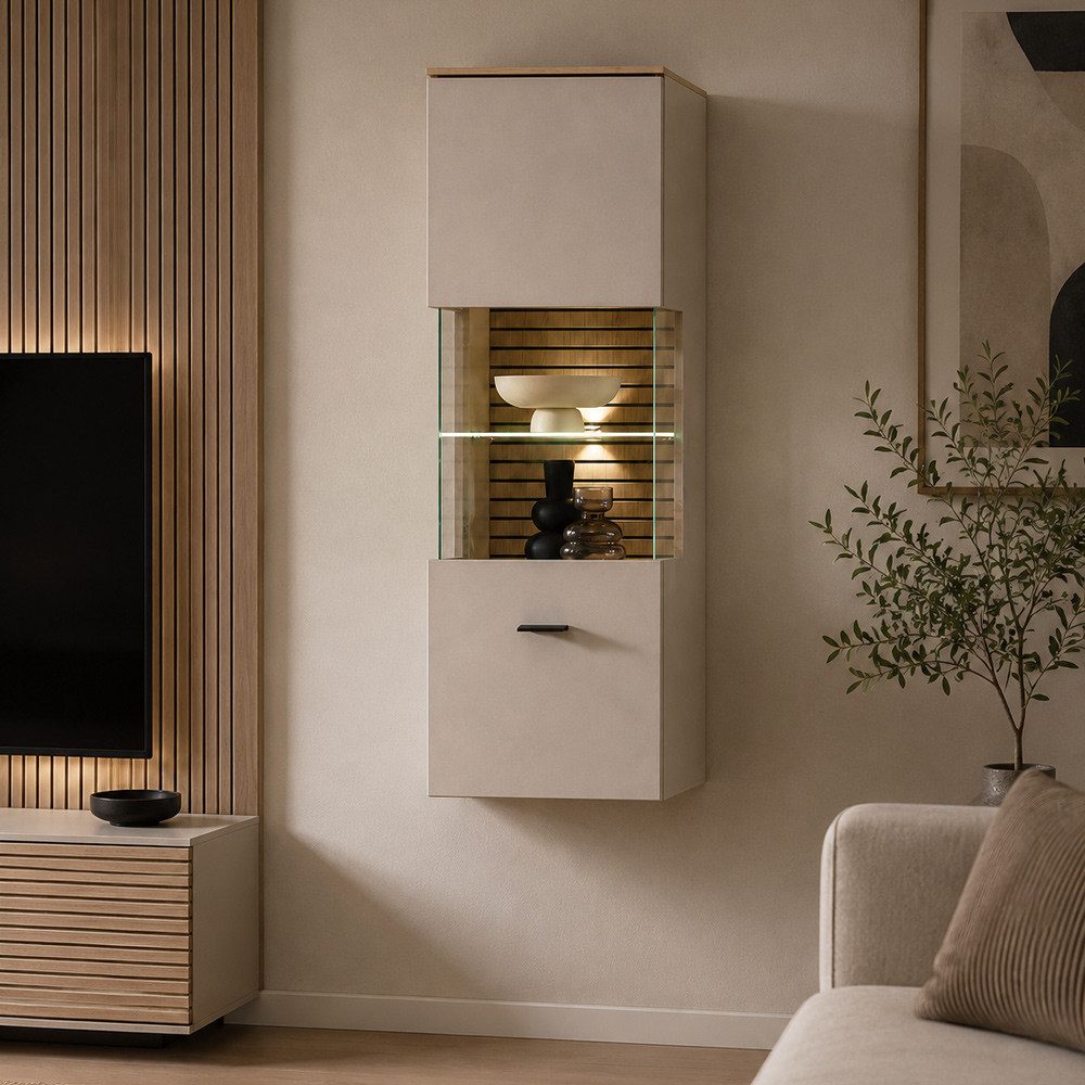 Lomadox Hängevitrine ISCHIA-36 inkl. LED Beleuchtung, Beige mit Eiche, 40 cm breit, Softclose