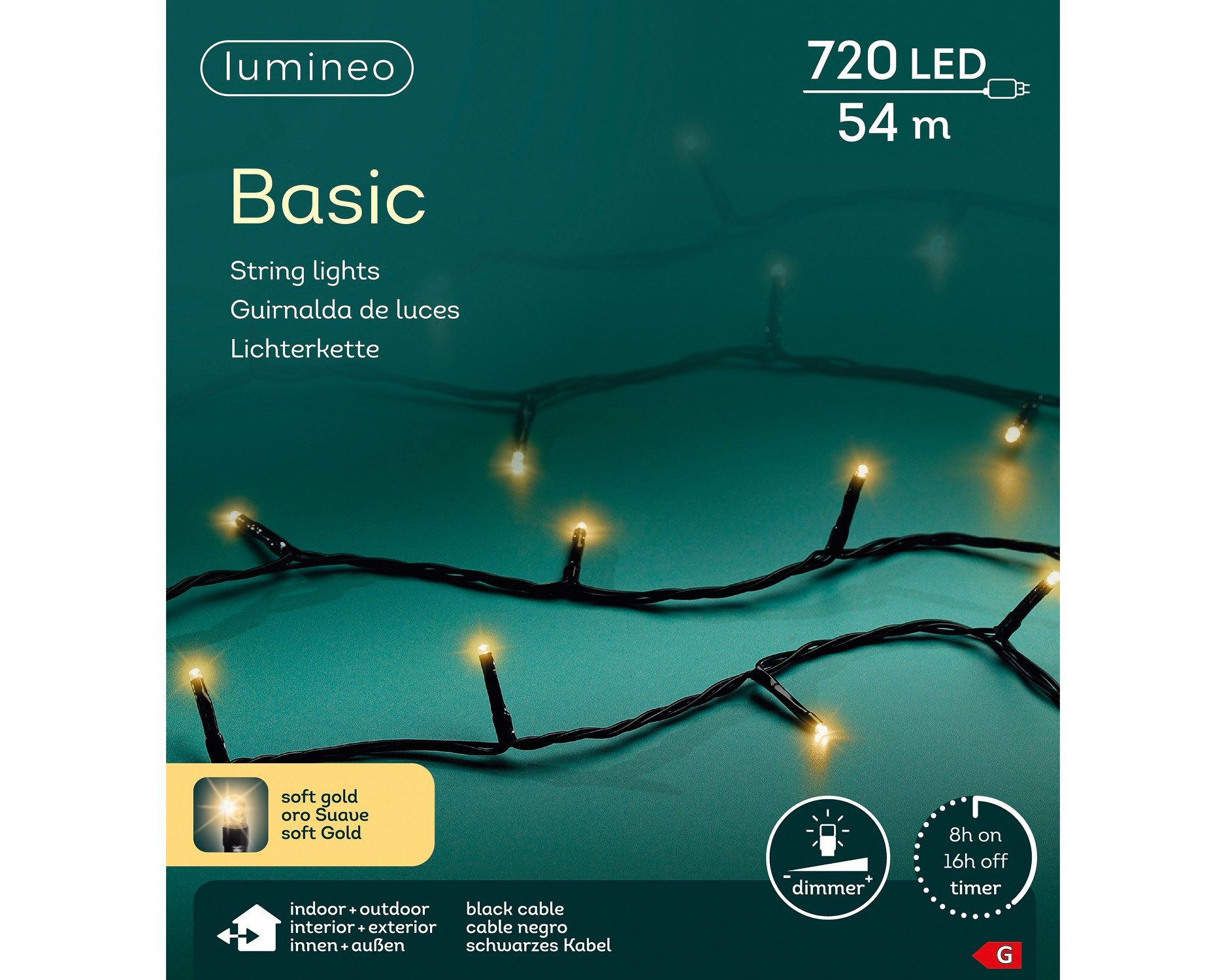 Lumineo LED-Lichterkette Lumineo Lichterkette BASIC 720 LED 54 m Soft Gold, schwarzes Kabel, Indoor/Outdoor, dimmbar, 8h-Timer, + 5 m Zuleitung