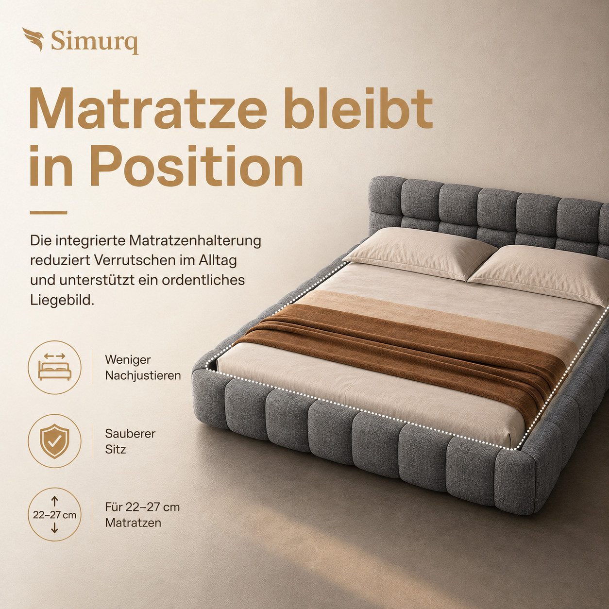 Simurq Polsterbett Doppelbett 140x200 cm, grauer Leinenstoff. (Polsterbett ohne Matratze, Polsterbett ohne Matratze), Matratzenhalterung, 250 kg Tragkraft – Bild 3 von 5