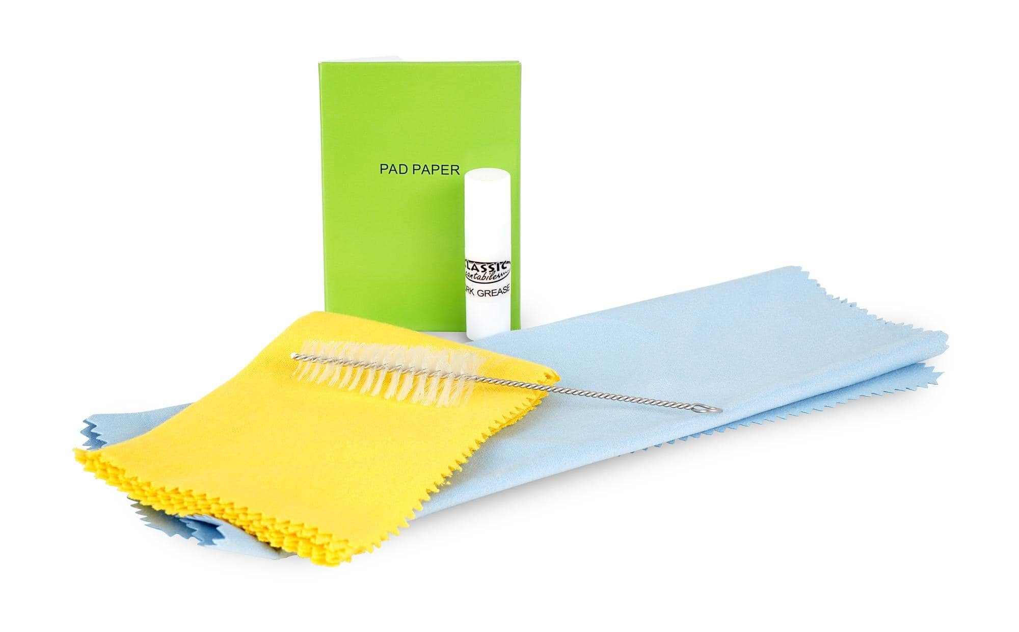 Classic Cantabile Reinigungsbürsten-Set Reinigungsset für Klarinette, Klarinetten, (inkl. Reinigungsbürste, ein Durchzieh- Wischertuch, 5-tlg., ein Poliertuch, Korkfett - Stick und Pad Papers), Pflege für Ihr Instrument