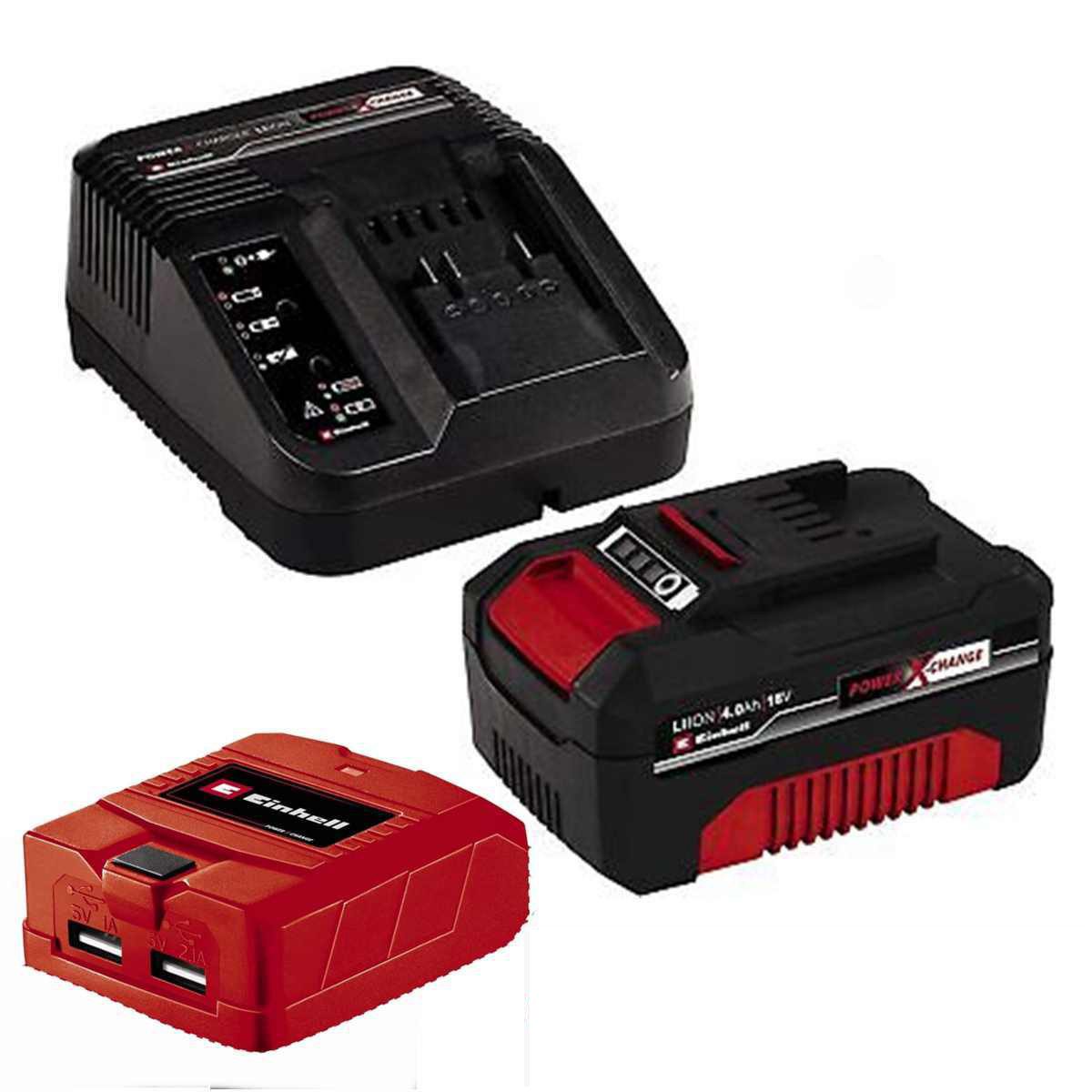 Einhell Starter Kit 4,0 Ah Akku / Ladegerät + USB Adapter 18V Power X-Change Akku Starter-Set