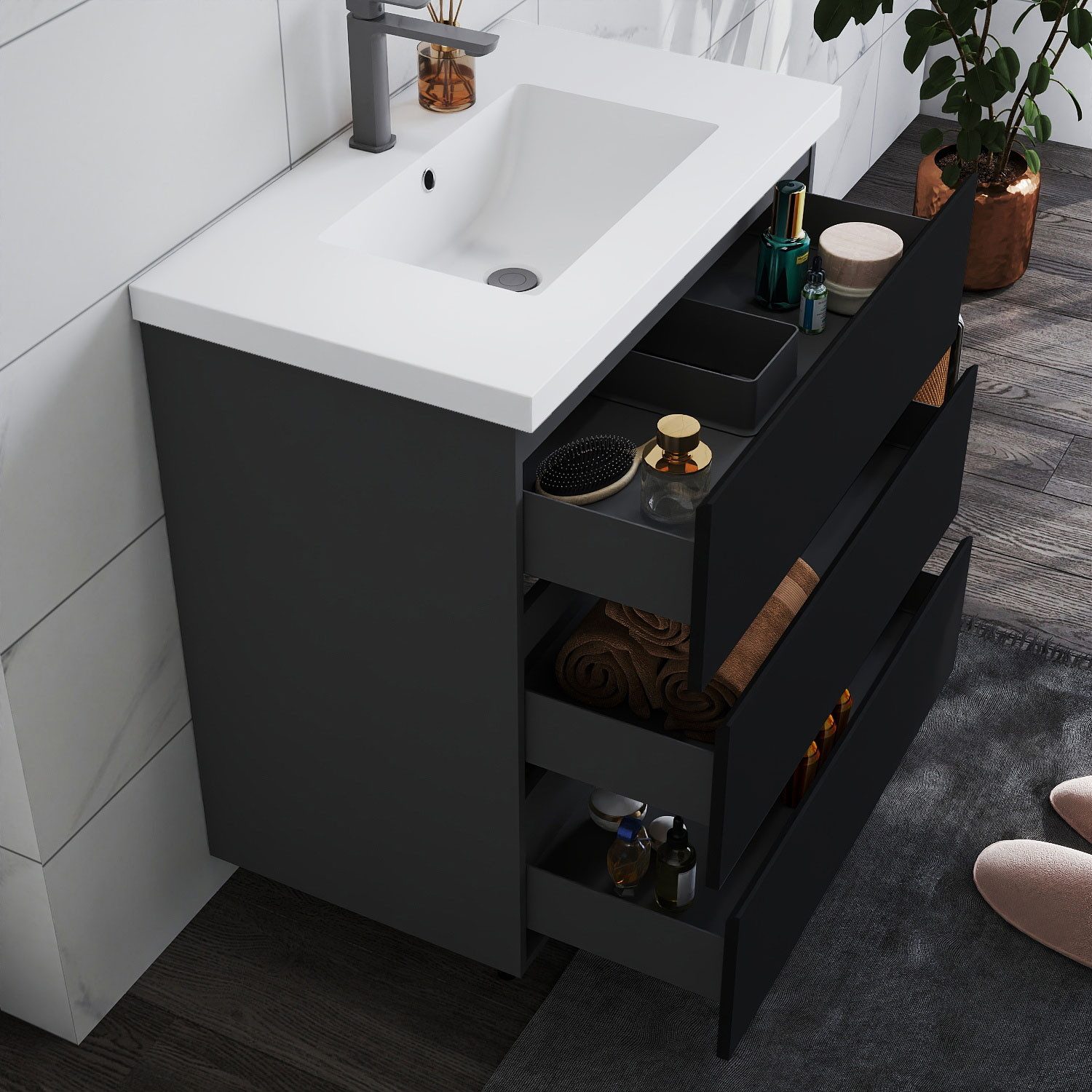 duschspa Waschtisch Badmöbel Set Waschbecken mit Unterschrank Badezimmer Möbel Schrank (Hängeschrank, mit Schrankfüße), 80/100cm breit